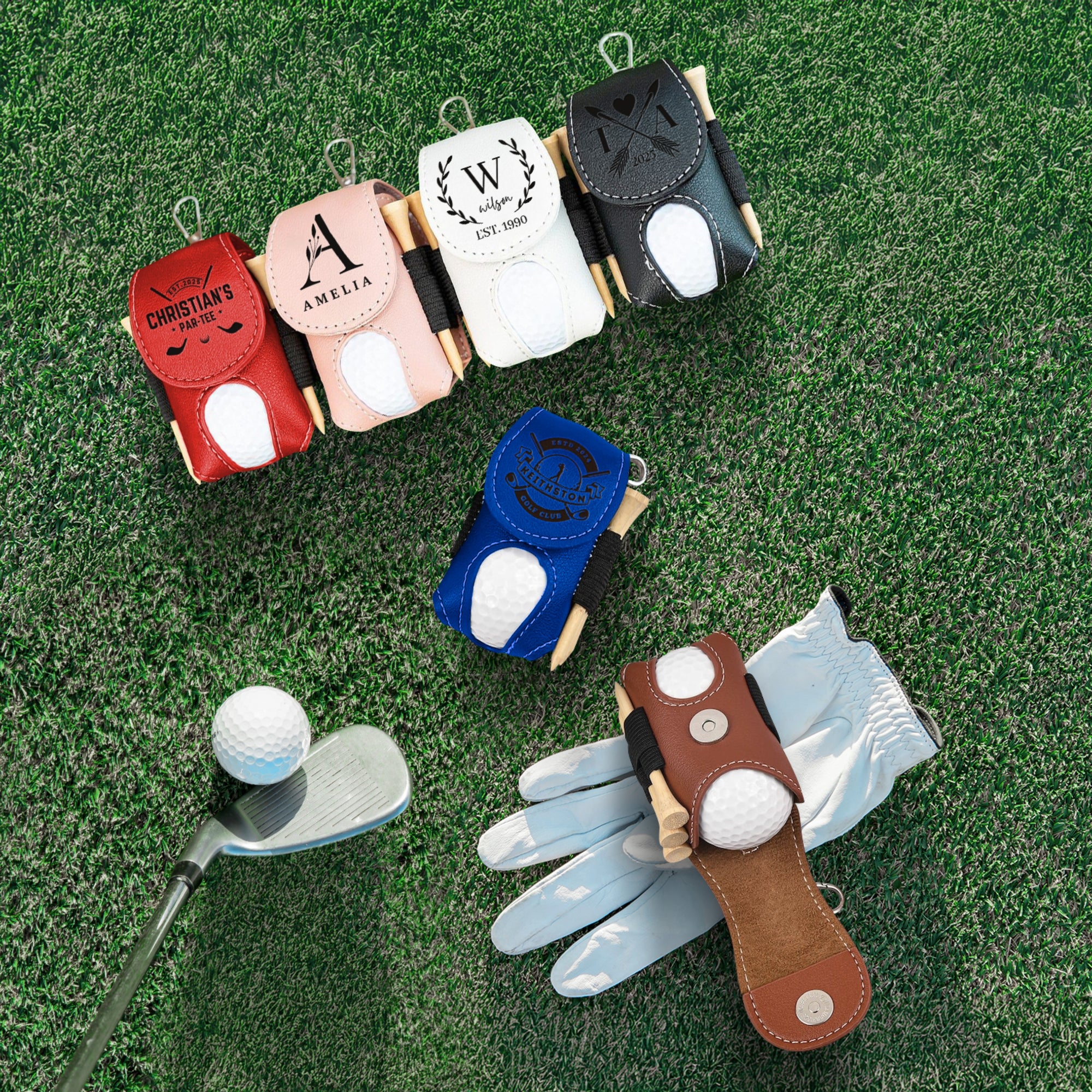 Custom Engraved Leatherette Gold Ball Pouch &amp; Tee Holder, Personalised Name/ Logo Accessories Pocket, Dad Groomsmen Christmas Corporate Gift