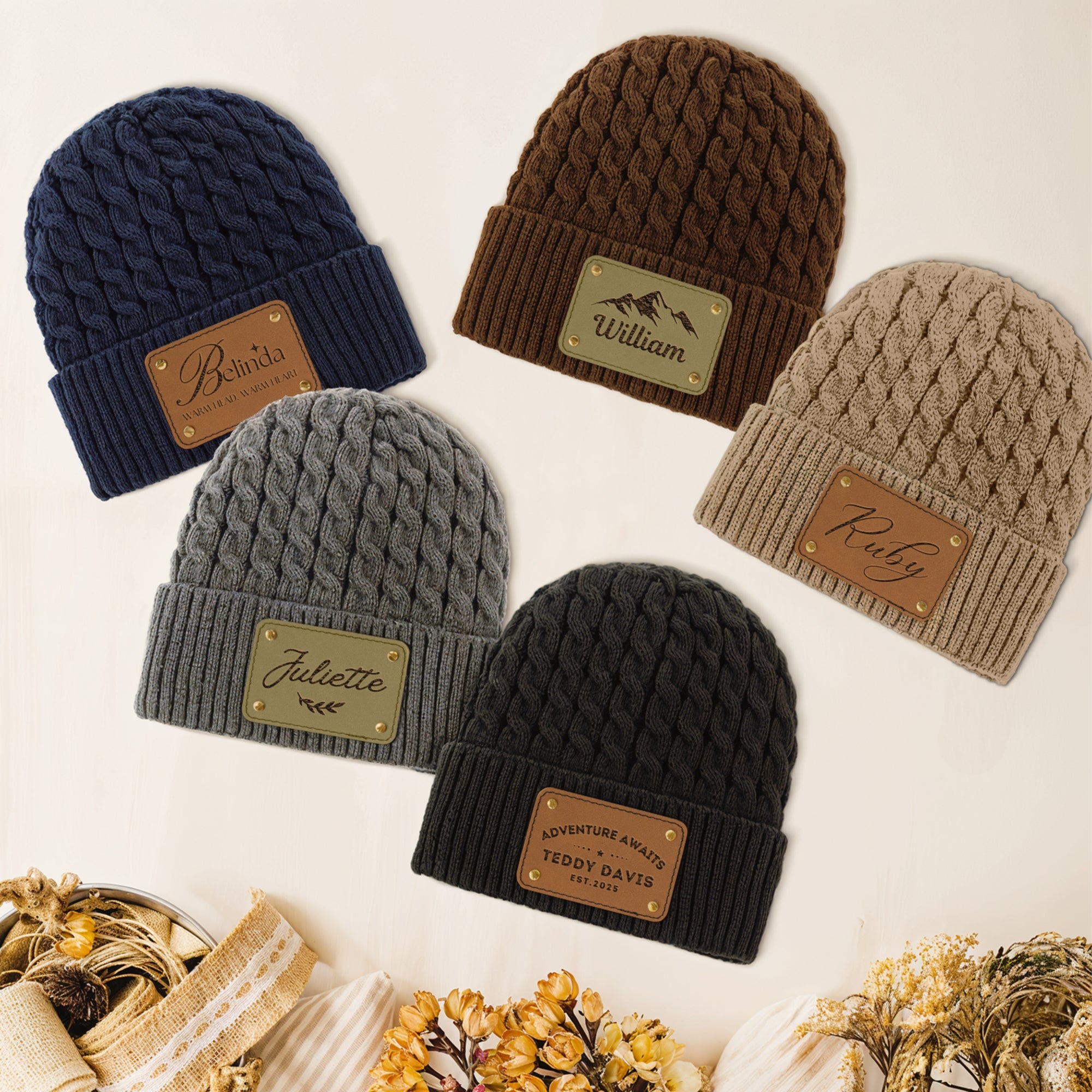 Custom Engraved Leatherette Patch Beanie, Personalised Logo Unisex Travel Hiking Hat, Warm Woven Knit Winter Cap, Dad Mom, Corporate Gift