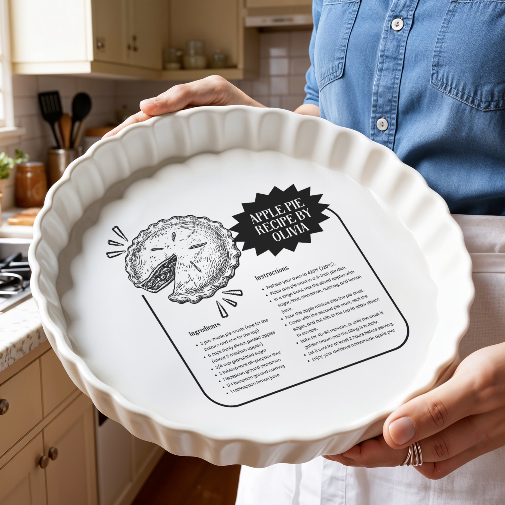 Custom Engraved Recipe &amp; Photo White Porcelain Round Baking Tray, Personalised Portrait Quiches Tart Pie Dish, Kitchen Keepsake Grandma Gift