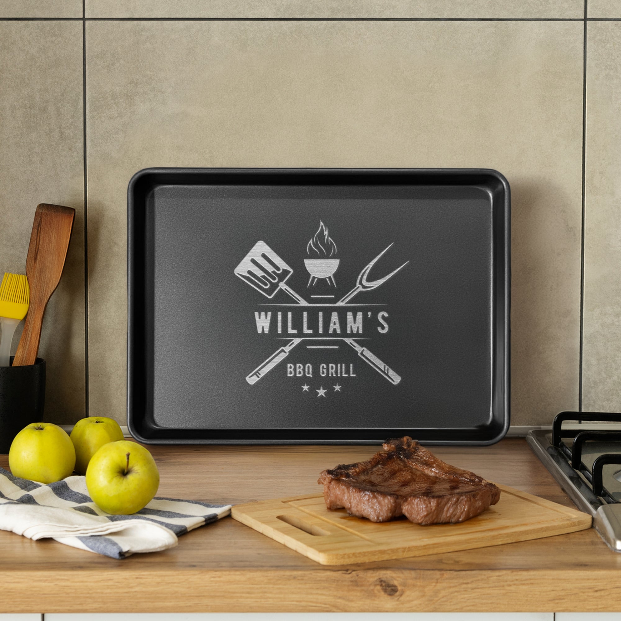Custom Engraved Rectangle Black Steel Baking Tray, Personalised Non-Stick Carbon Steel Oven Pan, Kitchen, Home Chef, Baker Grandma Xmas Gift