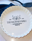 Custom Engraved Round White Porcelain Baking Tray, Personalised Pie Dish Quiches Tart, Kitchen Keepsake, Housewarming Grandma Christmas Gift