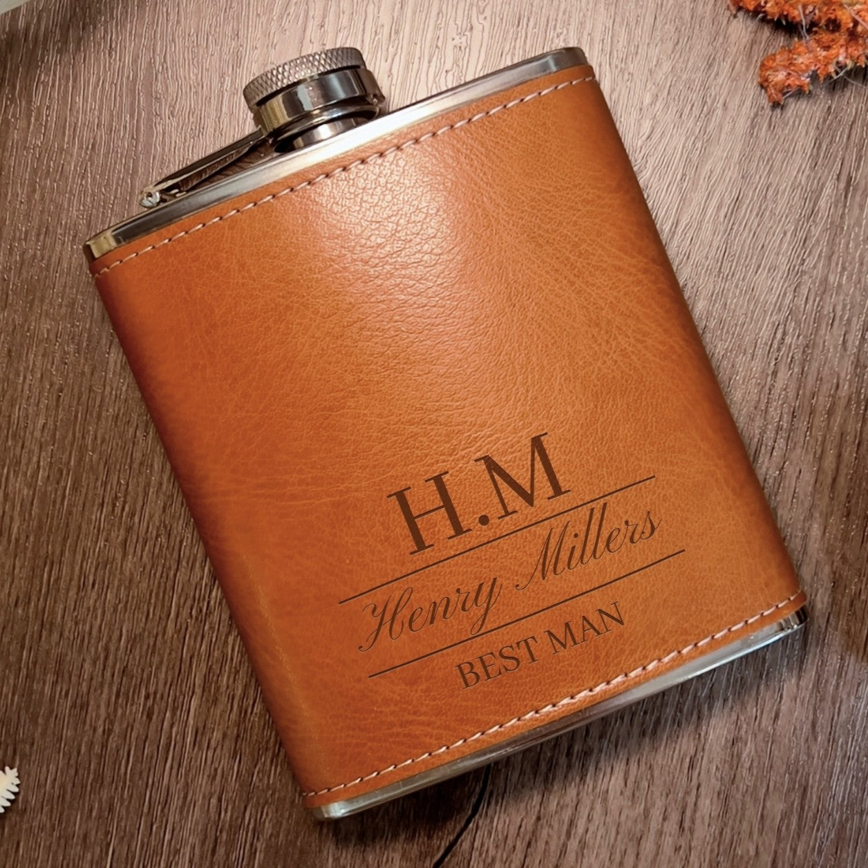 Custom Engraved Tan Leatherette 7oz Hip Flask, Personalised Wedding Groomsmen, Dad Father's Day, Logo Christmas Corporate Gift