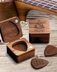 Custom Engraved Walnut Guitar Picks & Engraved Keepsake Box Case Set, Personalised Logo Musicians, Teacher, Student, Wedding, Mom, Dad Gifts