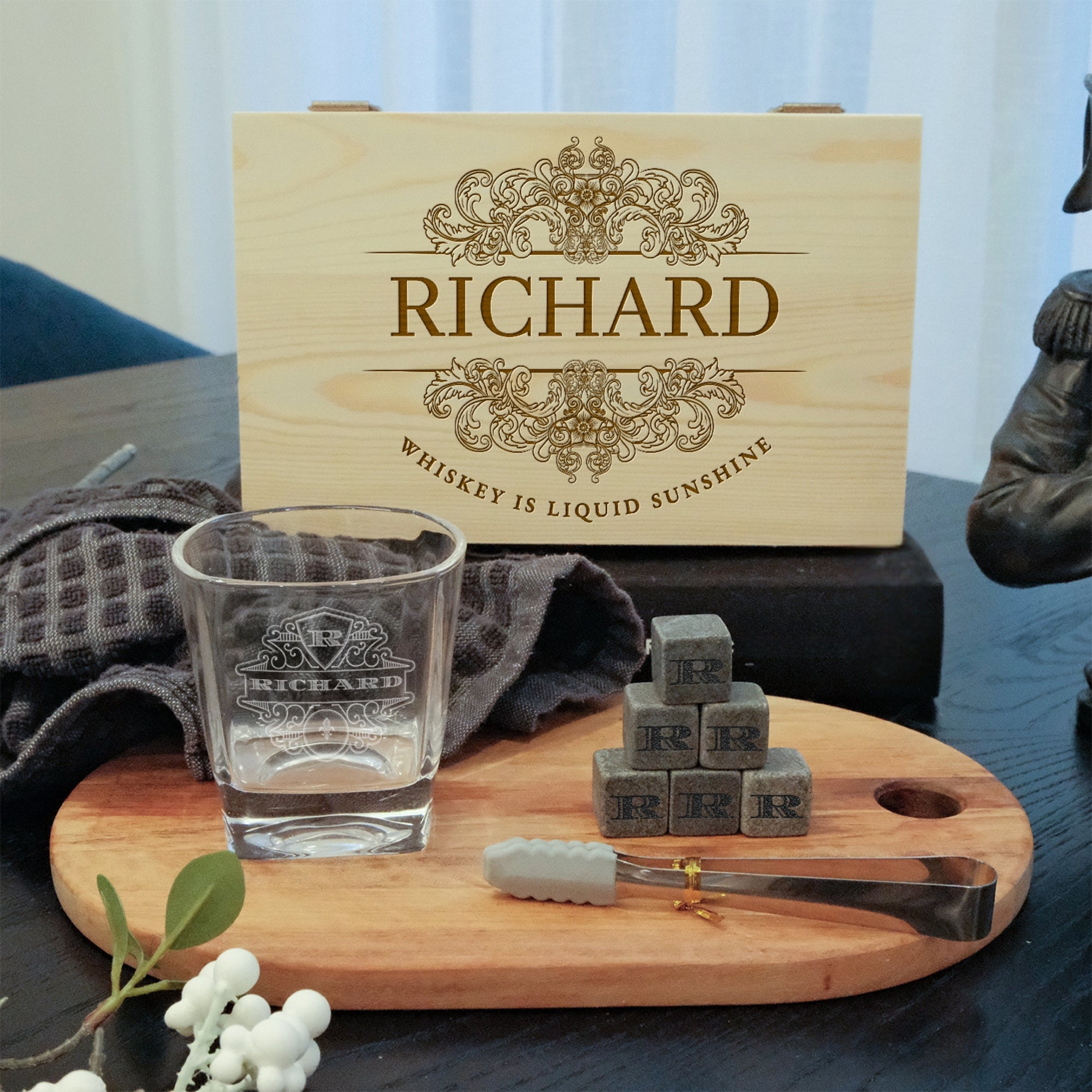 Custom Engraved Whiskey Wooden Box, 270ml Scotch Glass, 6 Ice Stones & Tongs, Personalised Logo Barware Set Groomsman Dad Birthday Gift