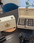 Custom Engraved Whiskey Wooden Box, Prism Scotch Glass, 6 Rock Ice Stones & Tongs, Personalised Barware Set Wedding Groomsman Corporate Gift