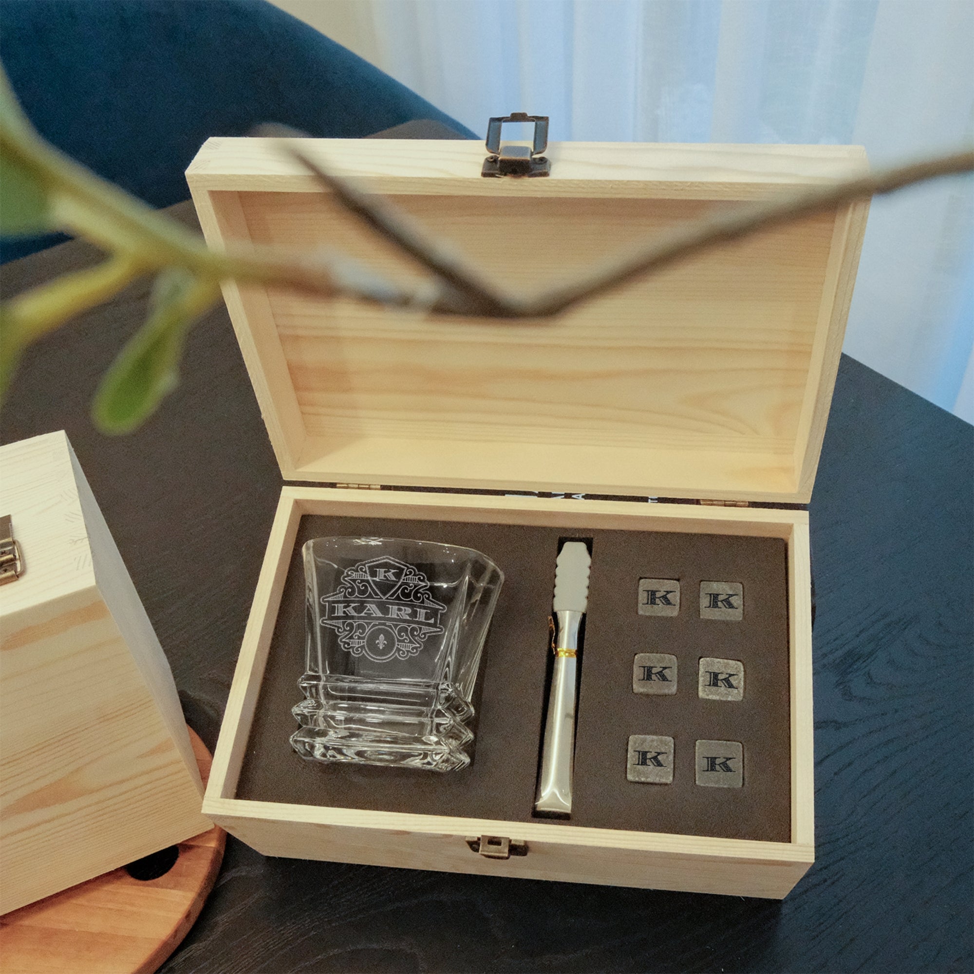 Custom Engraved Whiskey Wooden Box, Prism Scotch Glass, 6 Rock Ice Stones &amp; Tongs, Personalised Barware Set Wedding Groomsman Corporate Gift