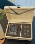 Custom Engraved Whiskey Wooden Box, Prism Scotch Glass, 6 Rock Ice Stones & Tongs, Personalised Barware Set Wedding Groomsman Corporate Gift