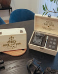 Custom Engraved Whiskey Wooden Box, Square Cut Scotch Glass, 6 Ice Stones & Tongs, Personalised Logo Barware Set Groomsman Dad Birthday Gift