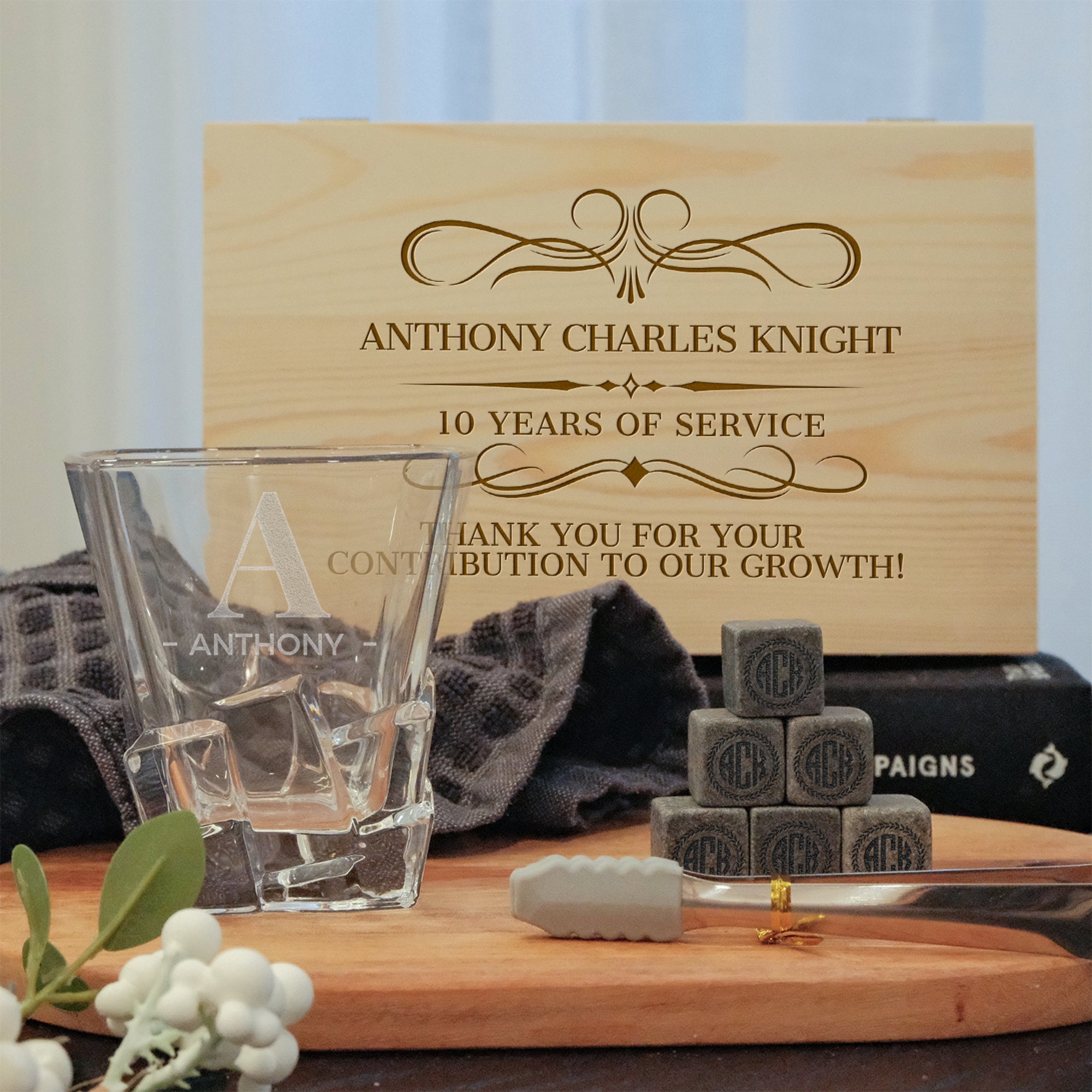 Custom Engraved Whiskey Wooden Box, Square Cut Scotch Glass, 6 Ice Stones & Tongs, Personalised Logo Barware Set Groomsman Dad Birthday Gift