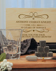 Custom Engraved Whiskey Wooden Box, Square Cut Scotch Glass, 6 Ice Stones & Tongs, Personalised Logo Barware Set Groomsman Dad Birthday Gift