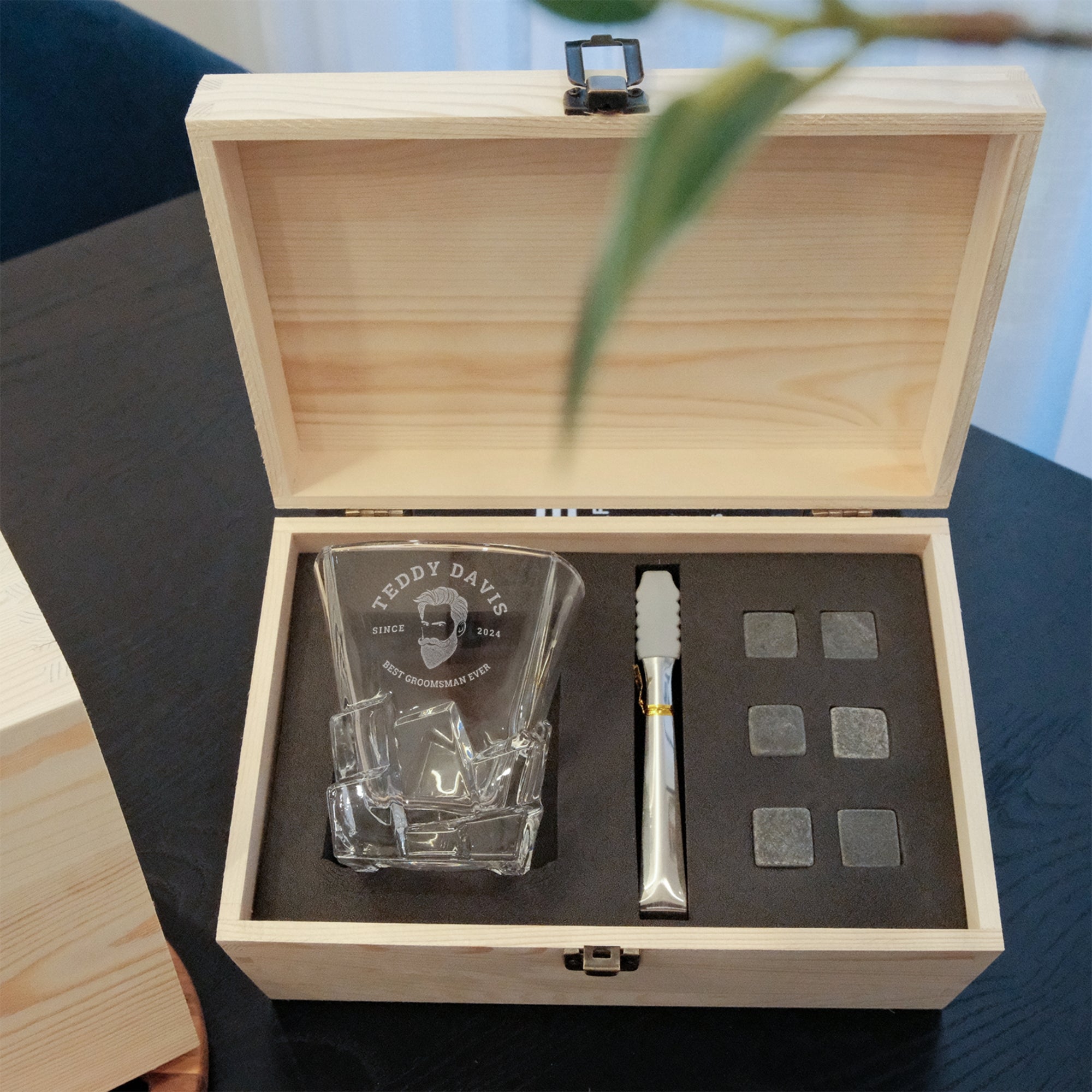 Custom Engraved Whiskey Wooden Box, Square Cut Scotch Glass, 6 Ice Stones &amp; Tongs, Personalised Logo Barware Set Groomsman Dad Birthday Gift