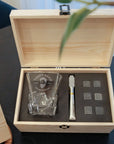 Custom Engraved Whiskey Wooden Box, Square Cut Scotch Glass, 6 Ice Stones & Tongs, Personalised Logo Barware Set Groomsman Dad Birthday Gift