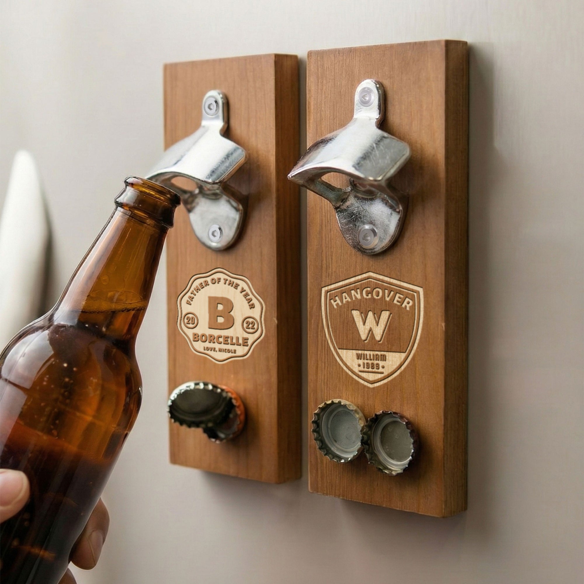 Custom Engraved Wooden Beer/ Drink Bottle Opener & Magnetic Cap Catcher, Personalised Name Logo , Father, Christmas, Groomsmen Gift for Him