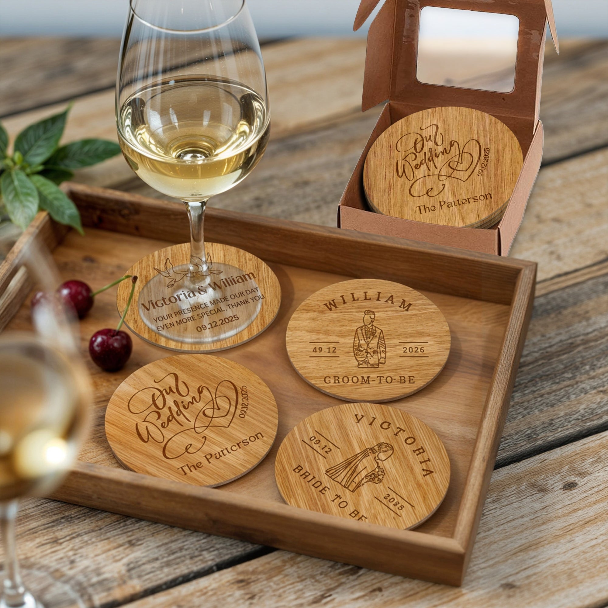 Custom Engraved Wooden Coaster Gift Set, Personalised Drink Mat, Restaurant, Wedding Favour, Birthday Christmas, Corporate Housewarming Gift