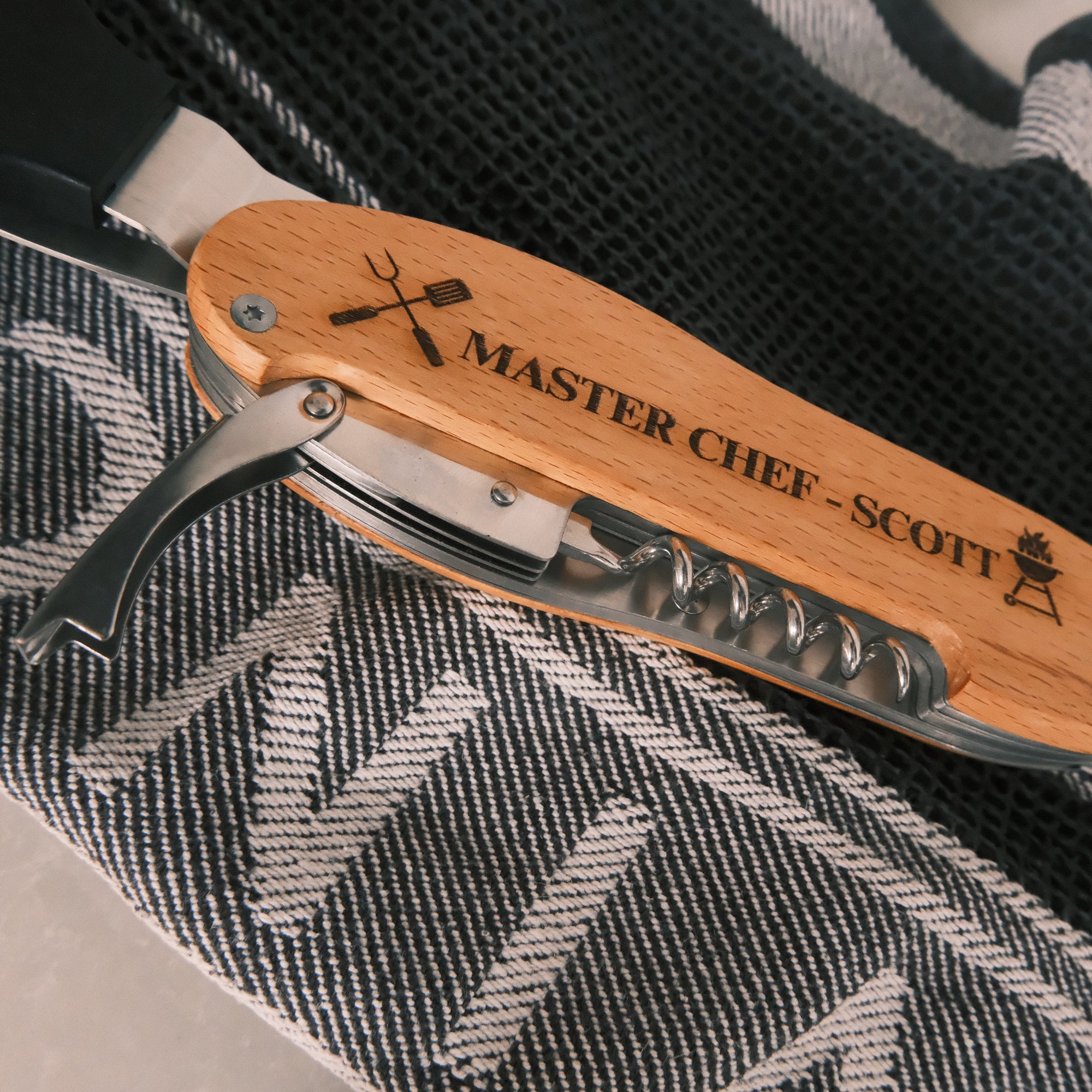 Personalised 5 in 1 Foldable BBQ Tool, Custom Engraved Logo Barbecue Spatula &amp; Multi Grill Tools, Dad, Housewarming Groomsman Corporate Gift