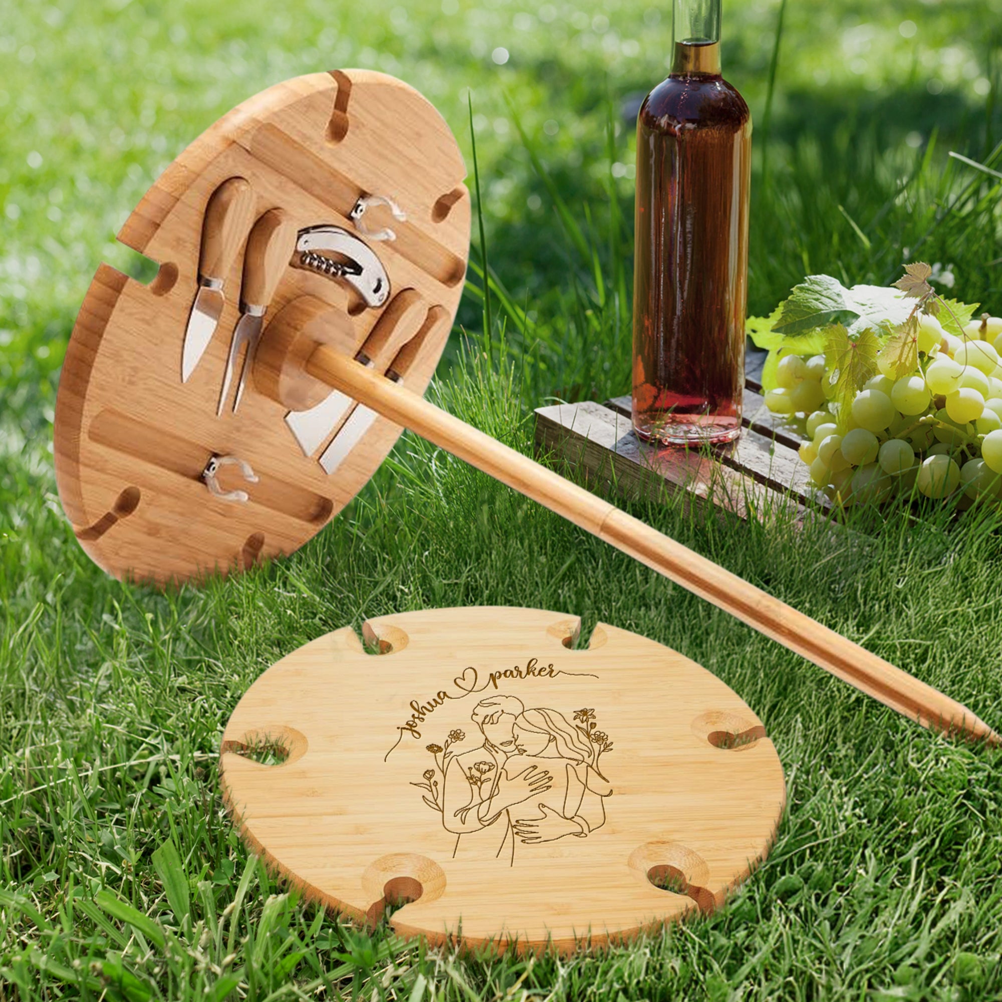 Custom Engraved Assemble Round Bamboo Stake Picnic Table, 6 Wine Glasses Holder &amp; Cheese Knives Set, Personalised Wedding, Housewarming Gift