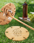Custom Engraved Assemble Round Bamboo Stake Picnic Table, 6 Wine Glasses Holder & Cheese Knives Set, Personalised Wedding, Housewarming Gift