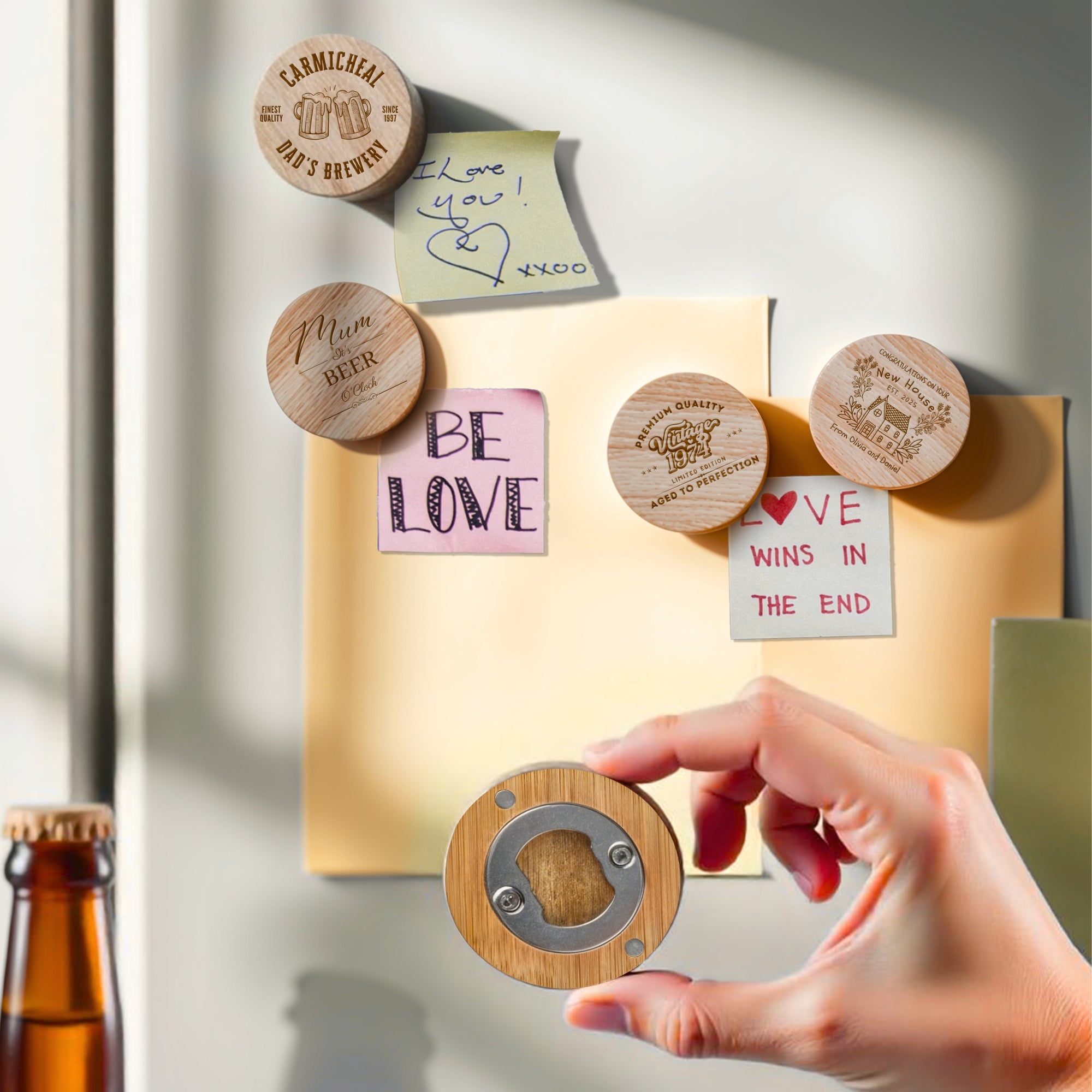 Custom Engraved Bamboo Magnetic Fridge Opener, Personalised Logo Wooden Drink Mat/ Coaster, Wedding Favour/ Housewarming Xmas Corporate Gift