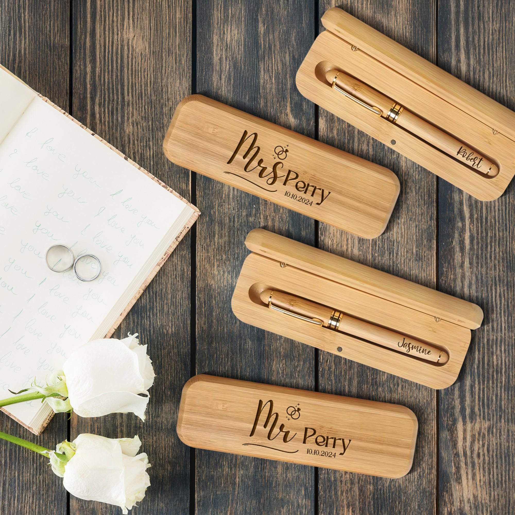 Custom Engraved Eco Bamboo Pens & Case Set – Personalised Logo Sustainable Corporate Gifts, Teacher, Student, Event, Wedding Signature Pen