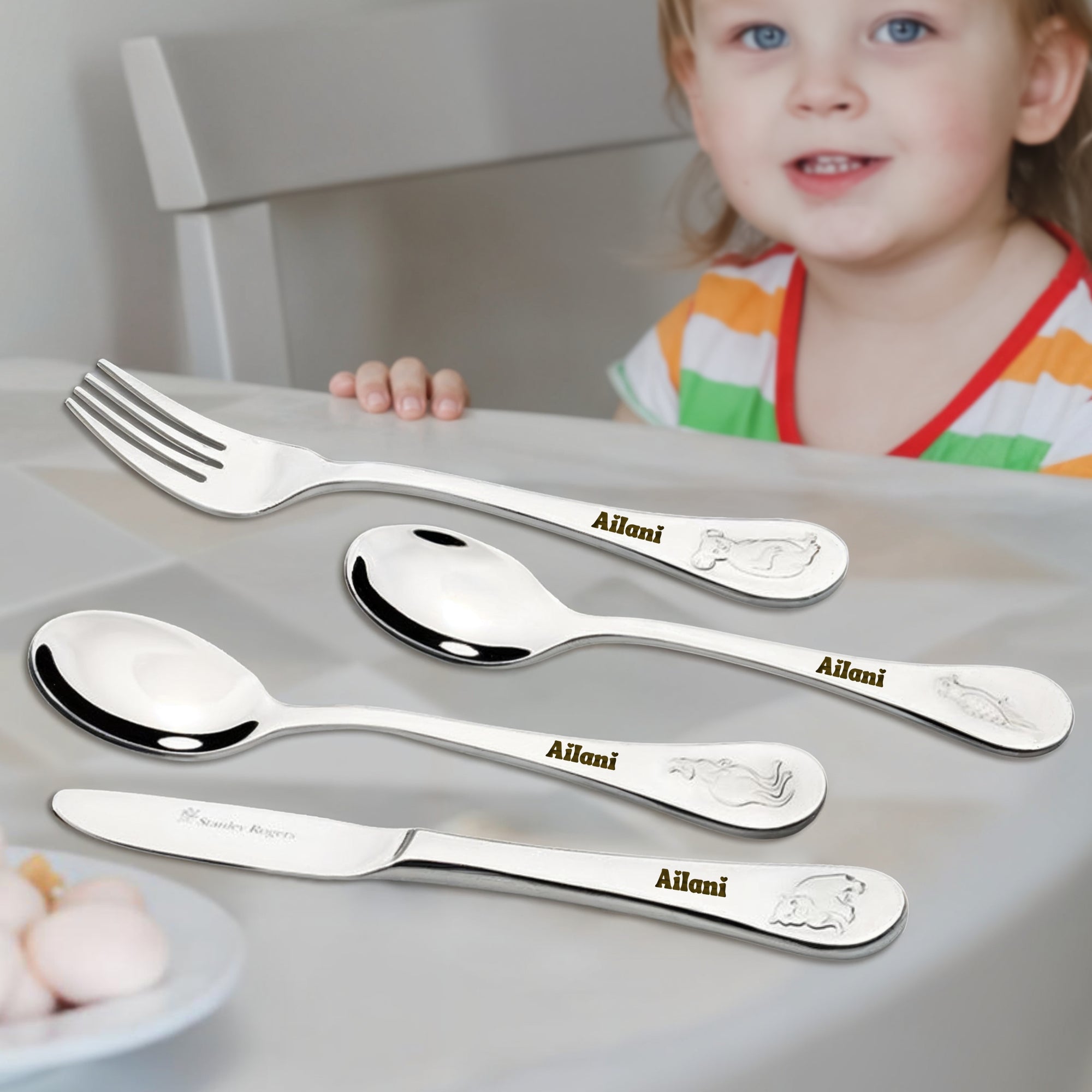 Custom Engraved Kid&#39;s Cutlery 4 Piece Set, Personalised Children Name Australian Animals Dining Tools, Utensils, First Birthday Baptism Gift