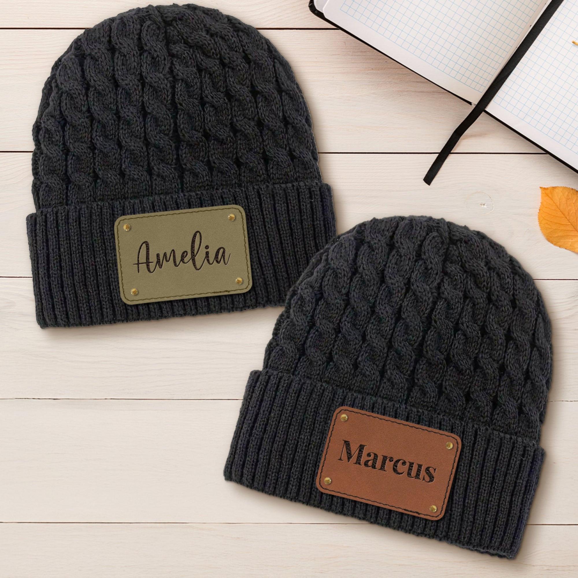 Custom Engraved Leatherette Patch Beanie, Personalised Logo Unisex Travel Hiking Hat, Warm Woven Knit Winter Cap, Dad Mom, Corporate Gift