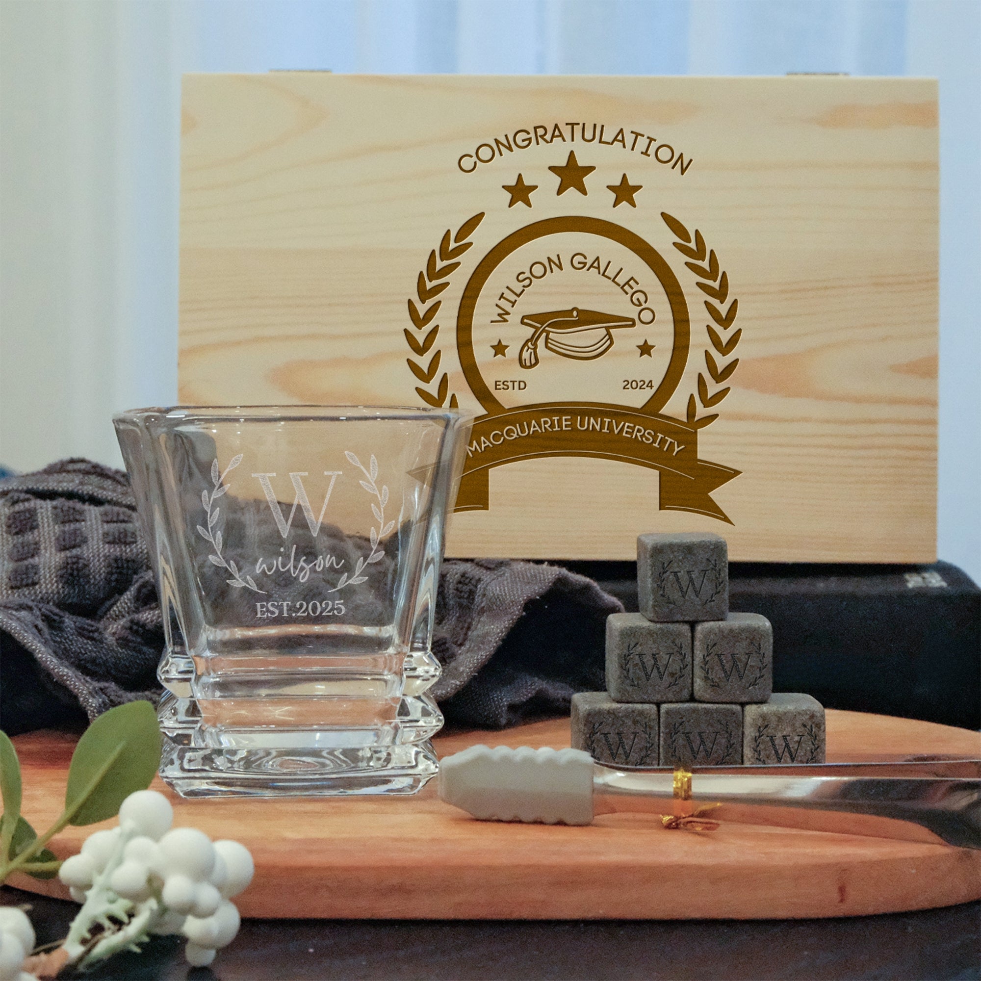 Custom Engraved Whiskey Wooden Box, Prism Scotch Glass, 6 Rock Ice Stones & Tongs, Personalised Barware Set Wedding Groomsman Corporate Gift