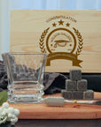 Custom Engraved Whiskey Wooden Box, Prism Scotch Glass, 6 Rock Ice Stones & Tongs, Personalised Barware Set Wedding Groomsman Corporate Gift