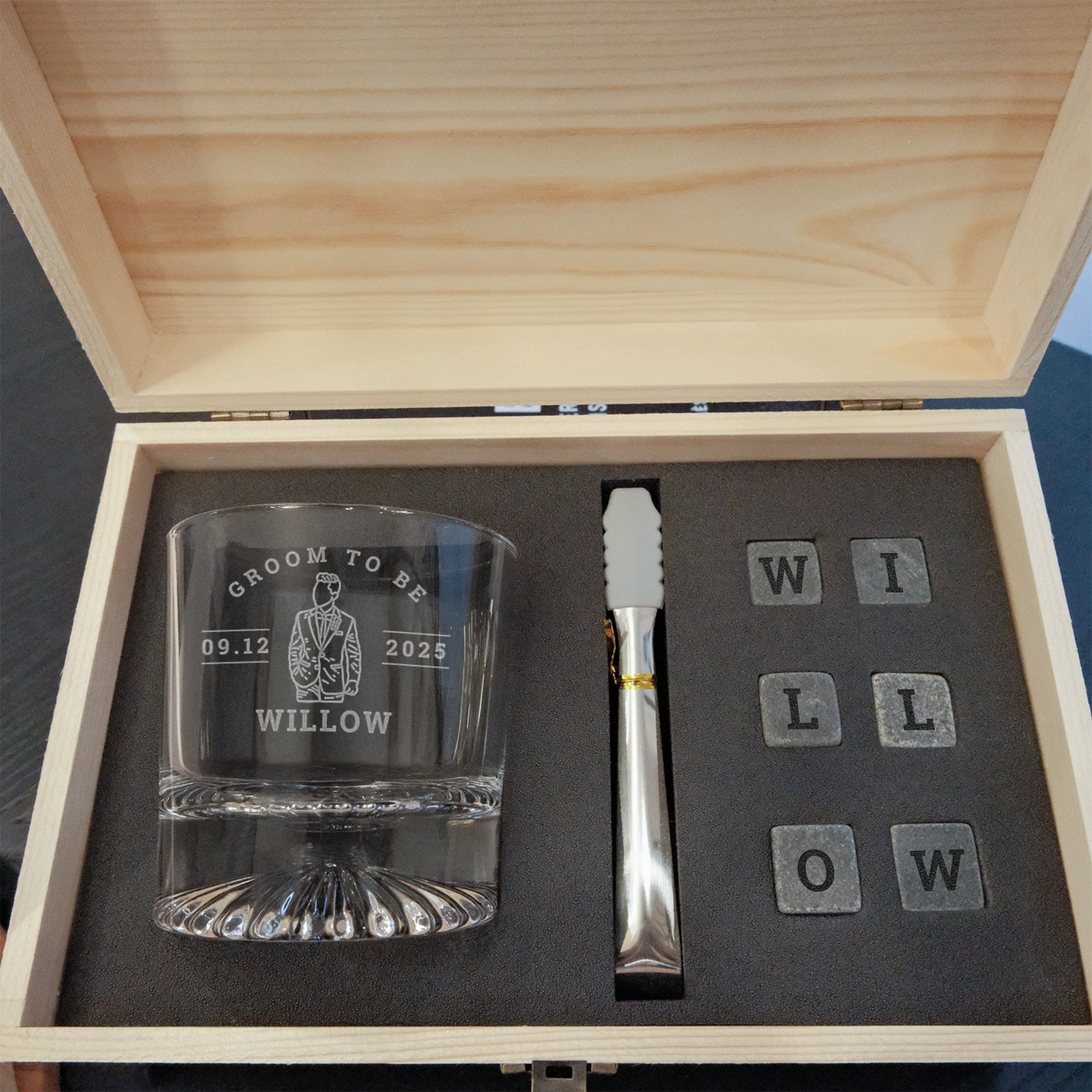 Custom Etched Whiskey Wooden Box, Round Pattern Thick Base Scotch Glass, 6 Rock Ice Stones & Tongs, Personalised Barware Set, Groomsman Gift