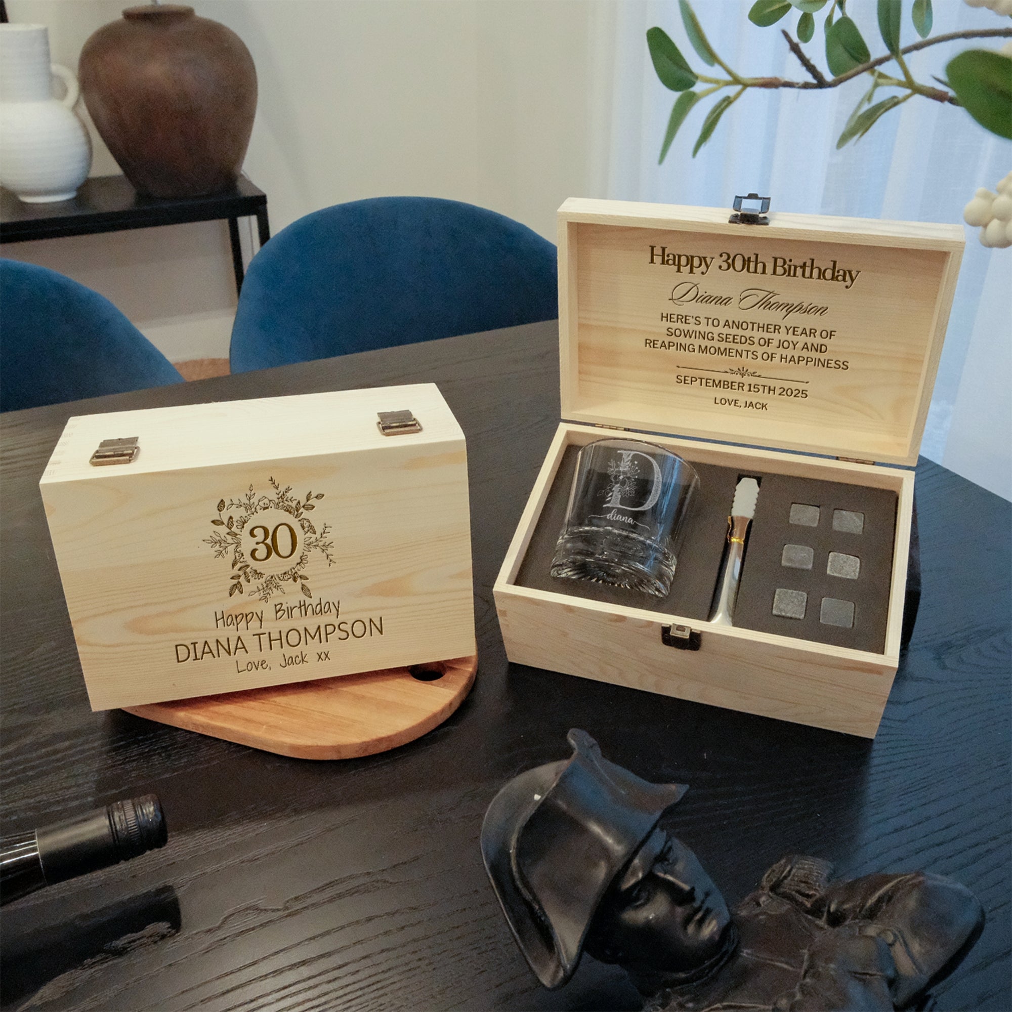 Custom Etched Whiskey Wooden Box, Round Pattern Thick Base Scotch Glass, 6 Rock Ice Stones &amp; Tongs, Personalised Barware Set, Groomsman Gift