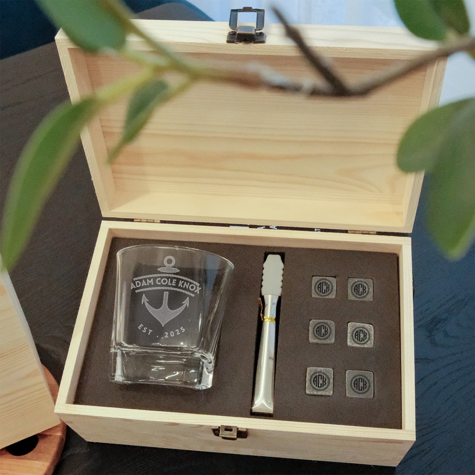 Custom Etched Whiskey Wooden Box, Star Base Scotch Glass, 6 Ice Stones &amp; Tongs, Personalised Logo Barware Set, Groomsman Corporate Xmas Gift
