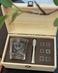 Custom Etched Whiskey Wooden Box, Star Base Scotch Glass, 6 Ice Stones & Tongs, Personalised Logo Barware Set, Groomsman Corporate Xmas Gift