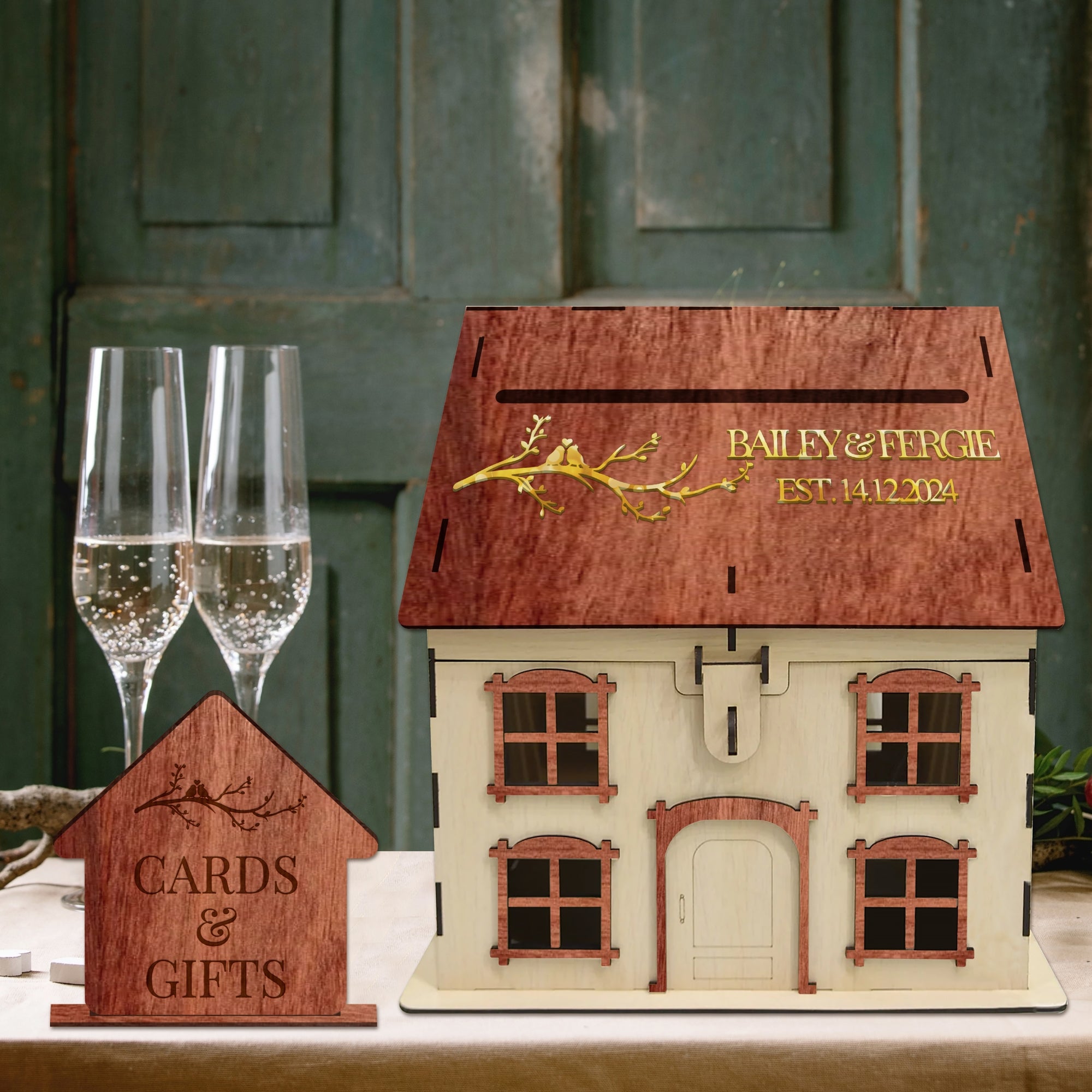 Custom Wooden House Wedding Post Box &amp; 3D Acrylic Text, Personalised Rustic Wishing Well Holder, Money Storage, Envelope Card Trinket, Gift