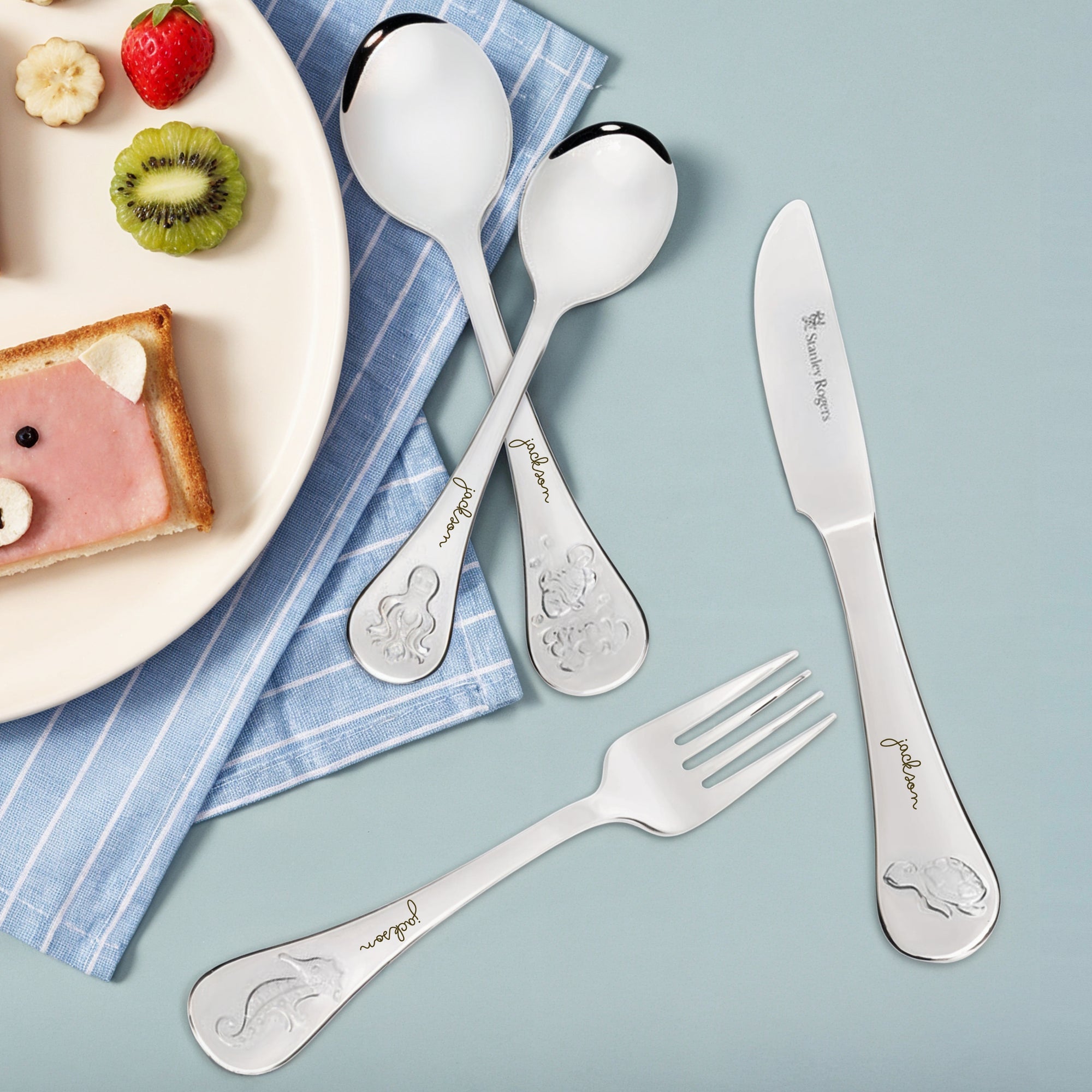 Custom Engraved Kid&#39;s Cutlery 4 Piece Set, Personalised Children Name Spoons, Fork, Knife/ Daycare Dining Tools, First Birthday Baptism Gift