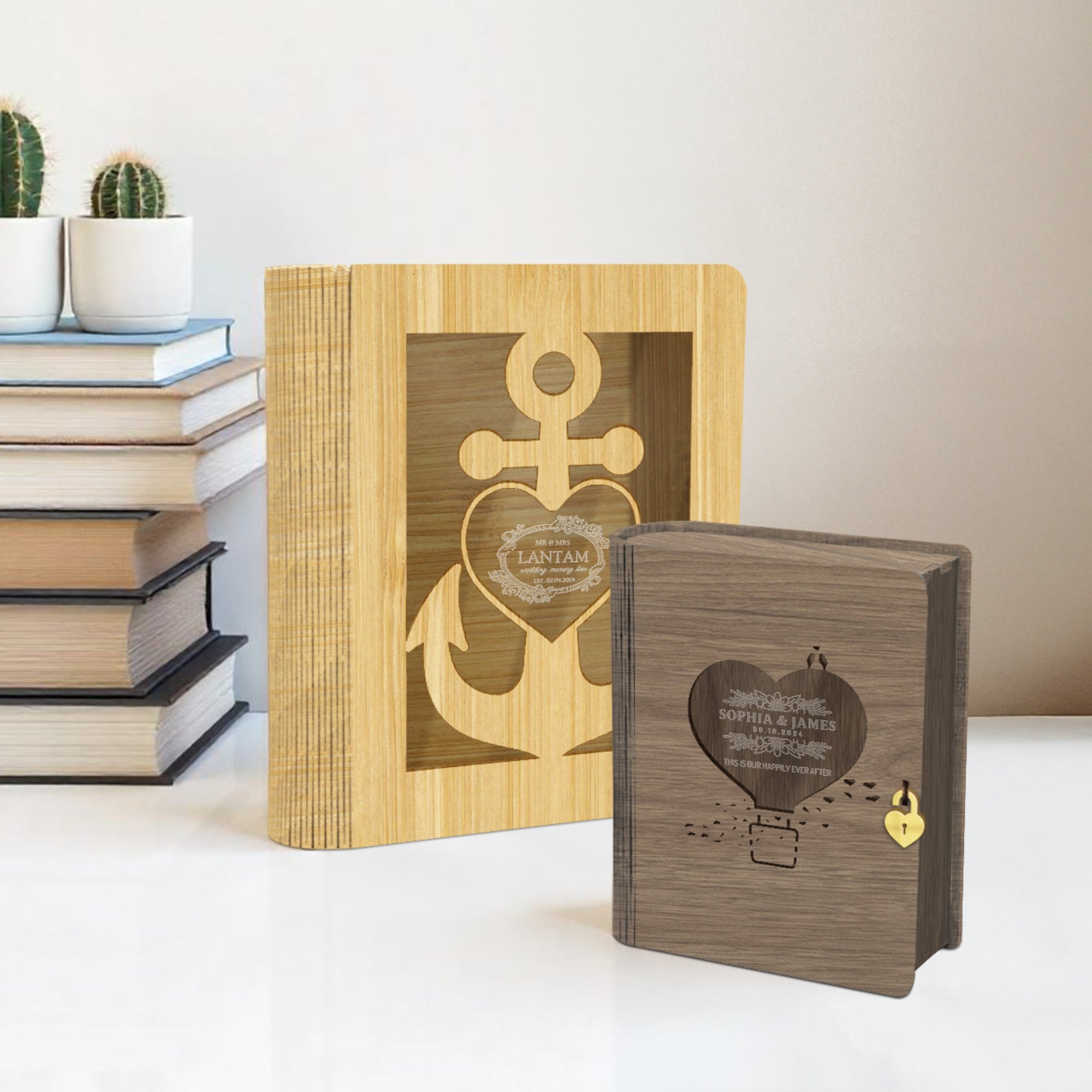 Custom Laser Cut Wooden Book Box, Personalised Wedding Favours, Birthday Keepsake Chest Photo Storage, Christmas, Engagement, Corporate Gift