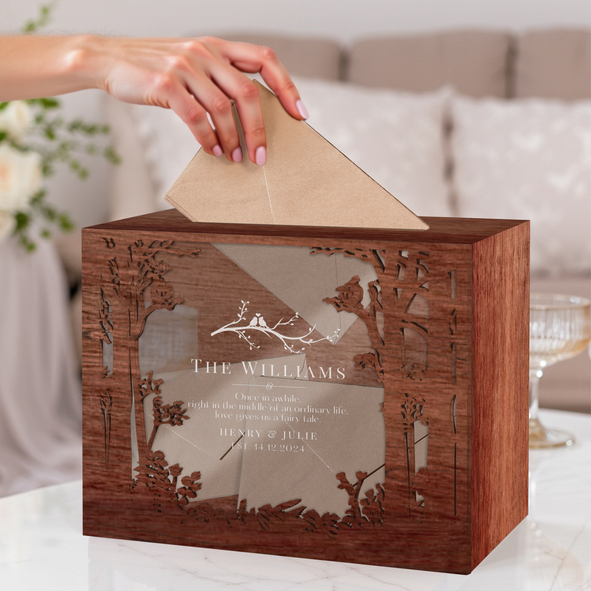 Custom Plywood Acrylic Tree Wishing Well Box & Sign, Personalised Name Date Money, Envelope, Card Boxes, Rustic Wedding Memory Keepsake Gift