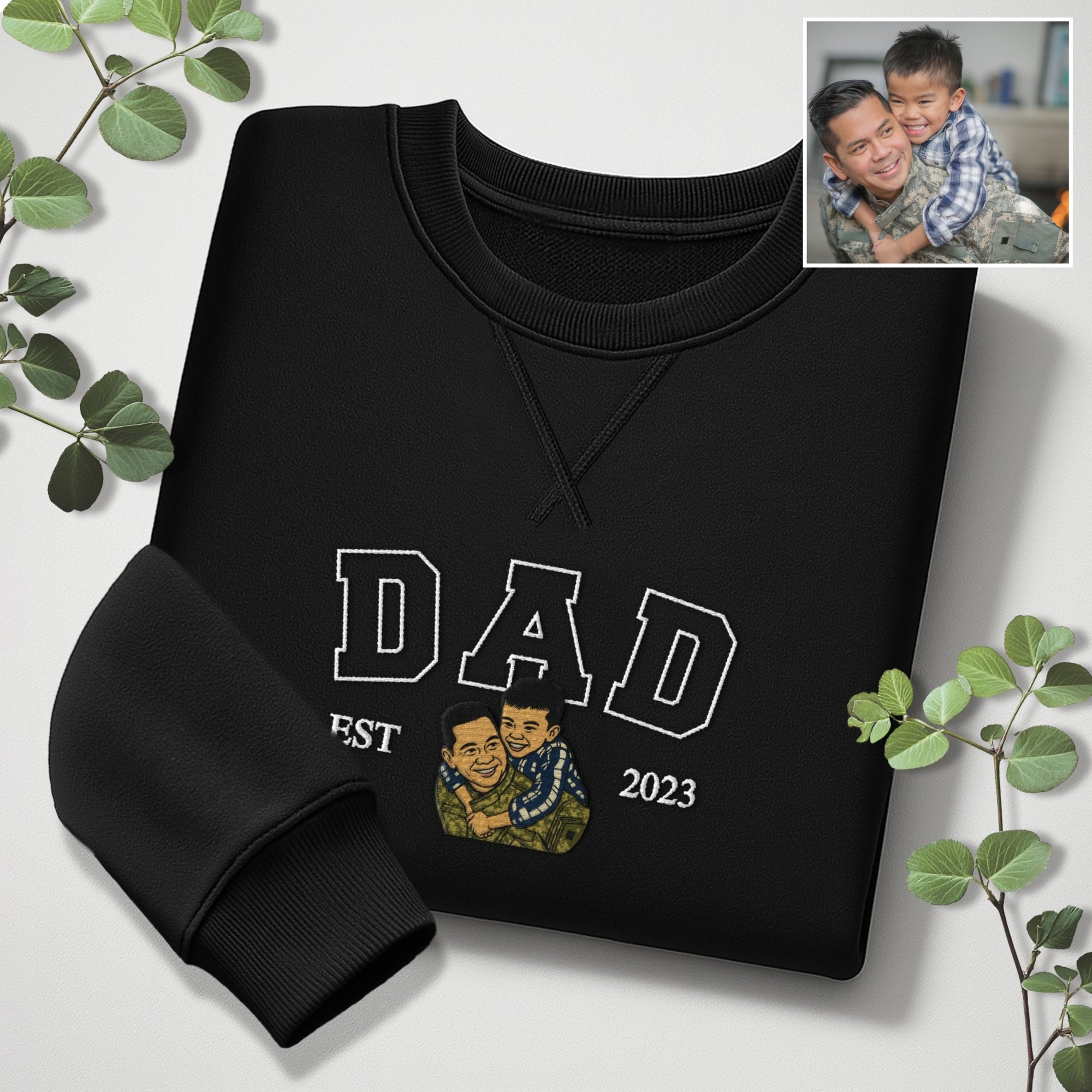 Custom Photo Embroidered Dad Sweatshirt, Personalised Family Portrait Jumper, Oversized Crewneck Name Embroidery, Father&#39;s Day, Gift for Him