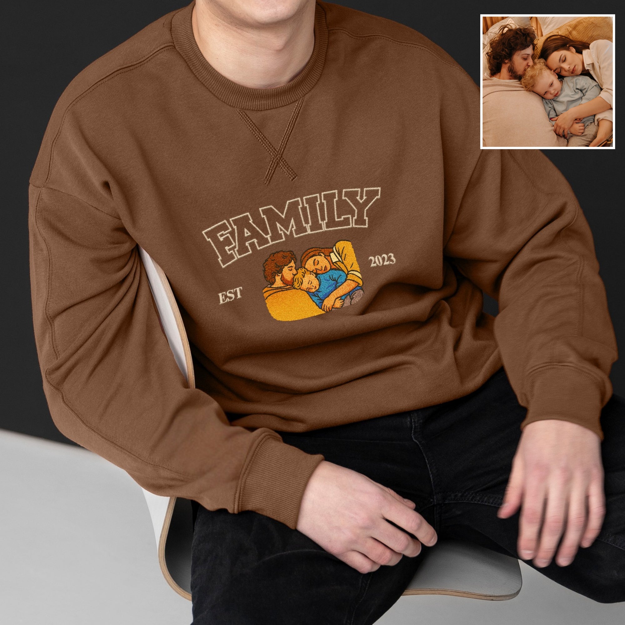 Custom Photo Embroidered Family Sweatshirt, Personalised Portrait Crewneck Jumper Oversize The Crew Name Embroidery, Christmas Birthday Gift
