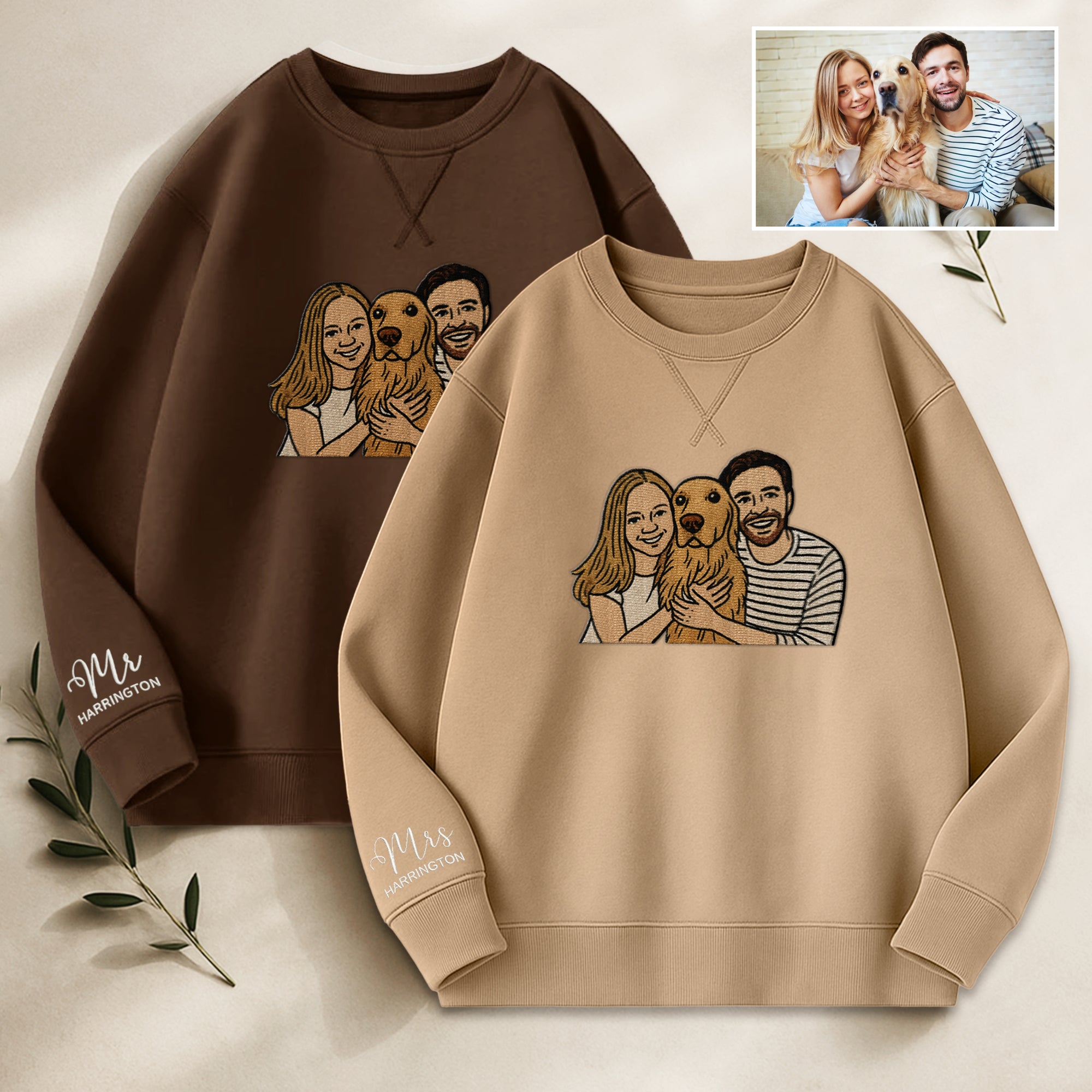 Custom Photo Embroidered Unisex Beige &amp; Brown Sweatshirt, Personalised Pet, Couple, Family Portrait Jumper, Unisex Oversized Crewneck Name Embroidery Gift