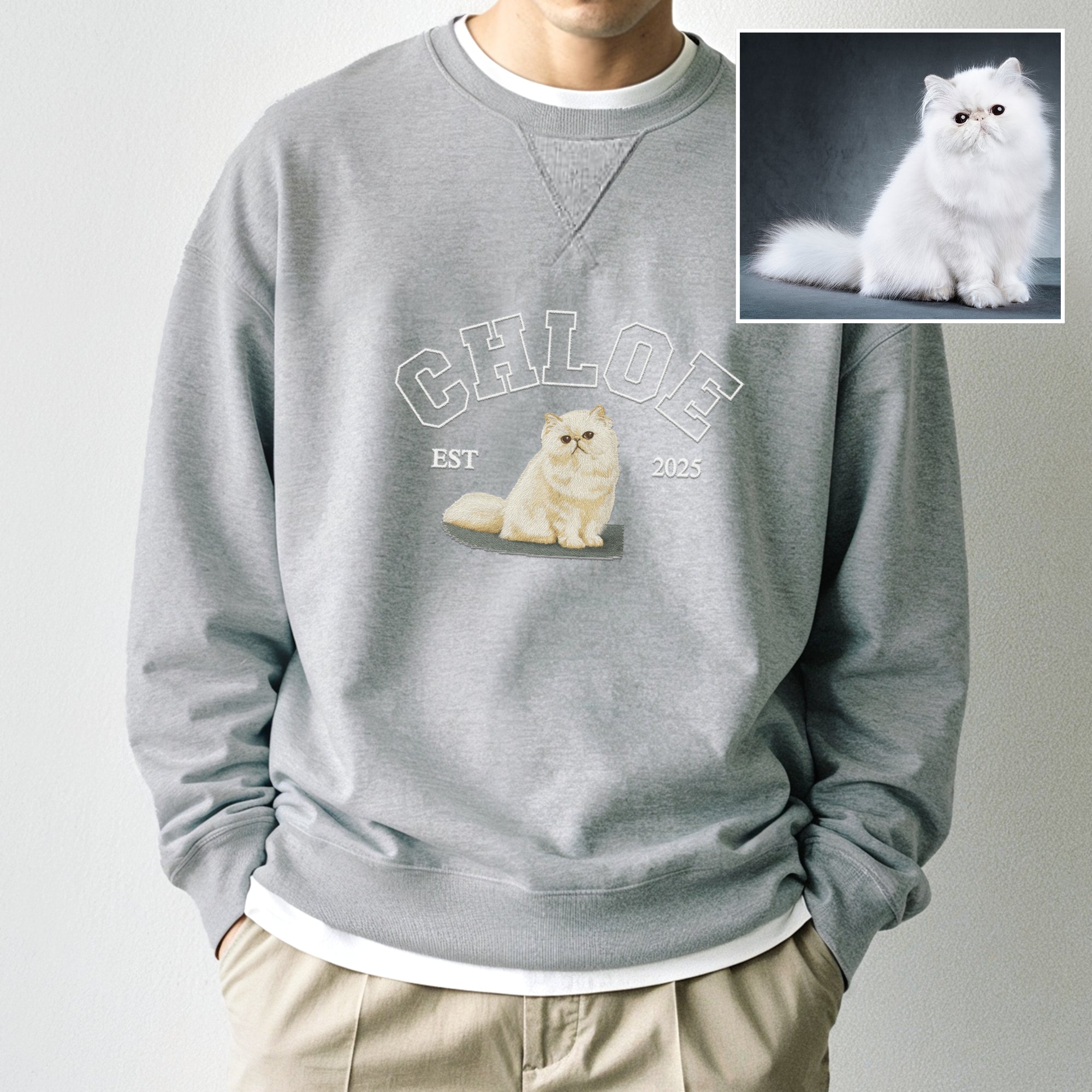 Custom Photo &amp; Name Embroidered Pet Sweatshirt, Personalised Crewneck Jumper Oversize Dog, Cat Portrait Embroidery, Christmas Birthday Gift