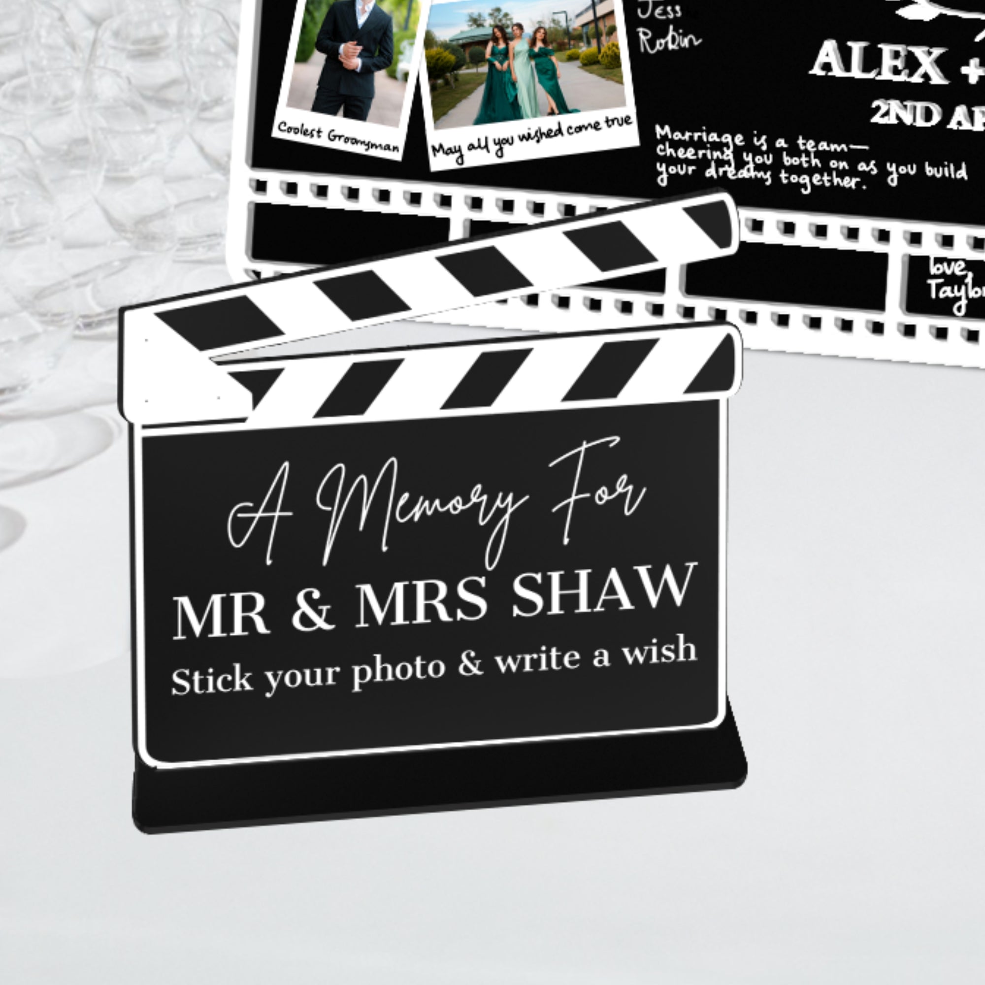 Custom Print Acrylic Clapperboard Cinefilm Guestbook Sign, Personalised Photo Station Wishing Well, Memorial Signage, Vintage Wedding Decor