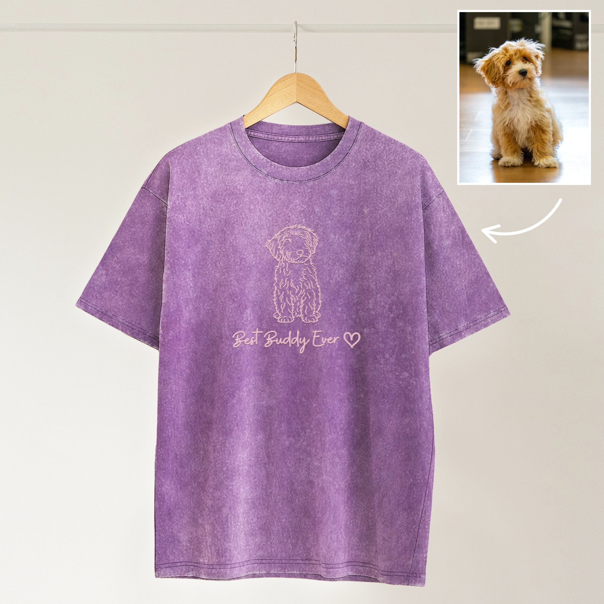 Custom Embroidered Photo Outline Unisex Stone Wash T-shirt, Personalised Crewneck Tee, Family Couple, Pet Portrait Shirts Birthday Xmas Gift