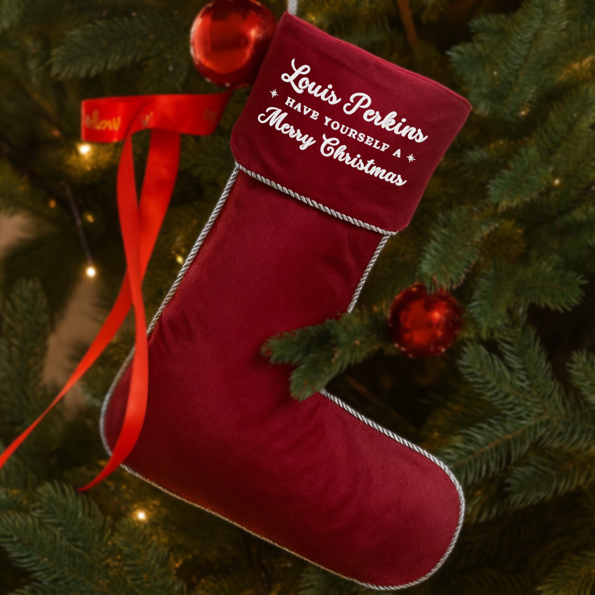 Custom Embroidered Velvet Christmas Stocking, Personalised Merry Xmas Elegant Present Sock, Santa Holiday Decor, Family Kid Gift Bag Storage