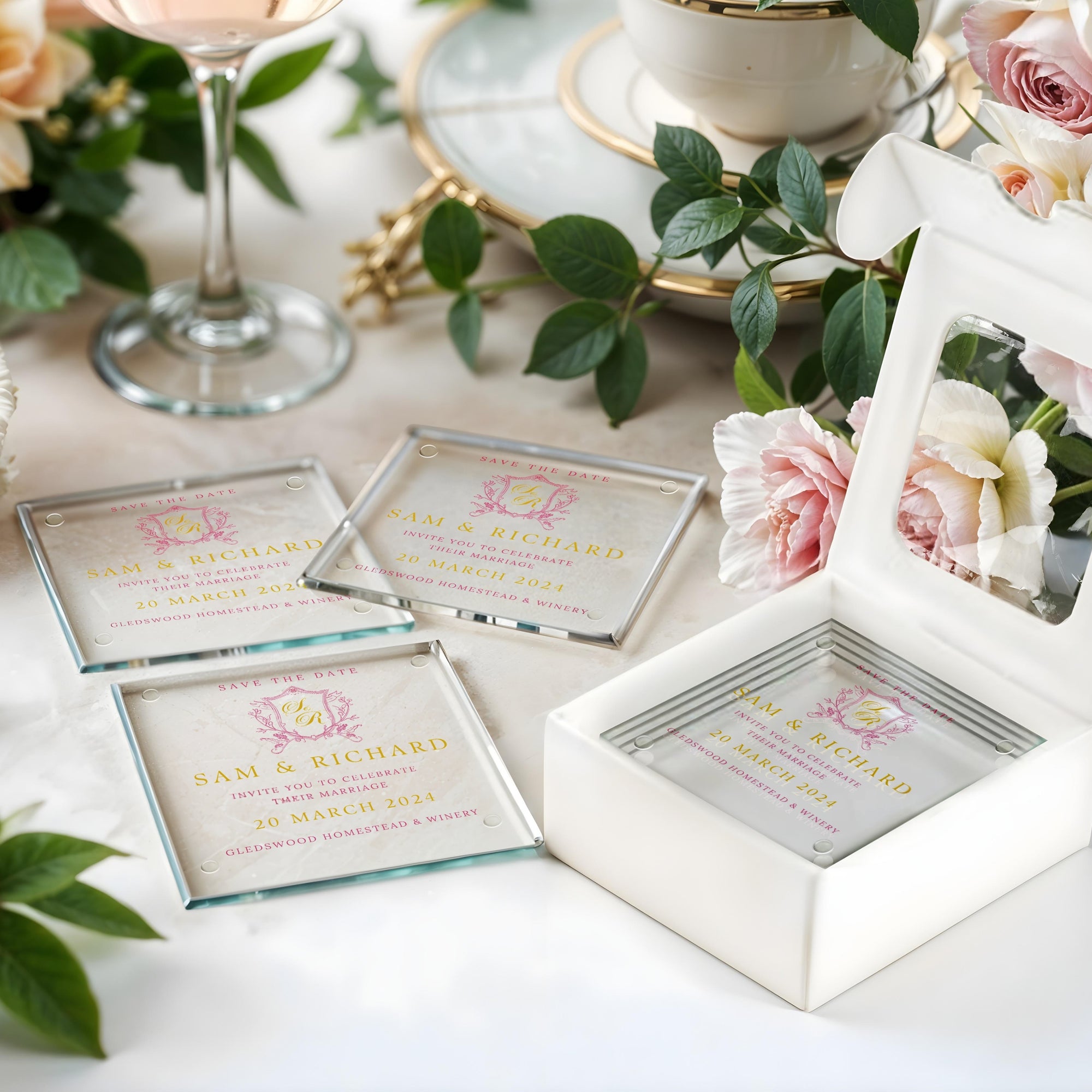 Custom UV Printed Glass Coaster, Personalised Name Date Flower Drink Mat, Wedding Favour Anniversary / Housewarming Birthday/ Corporate Gift