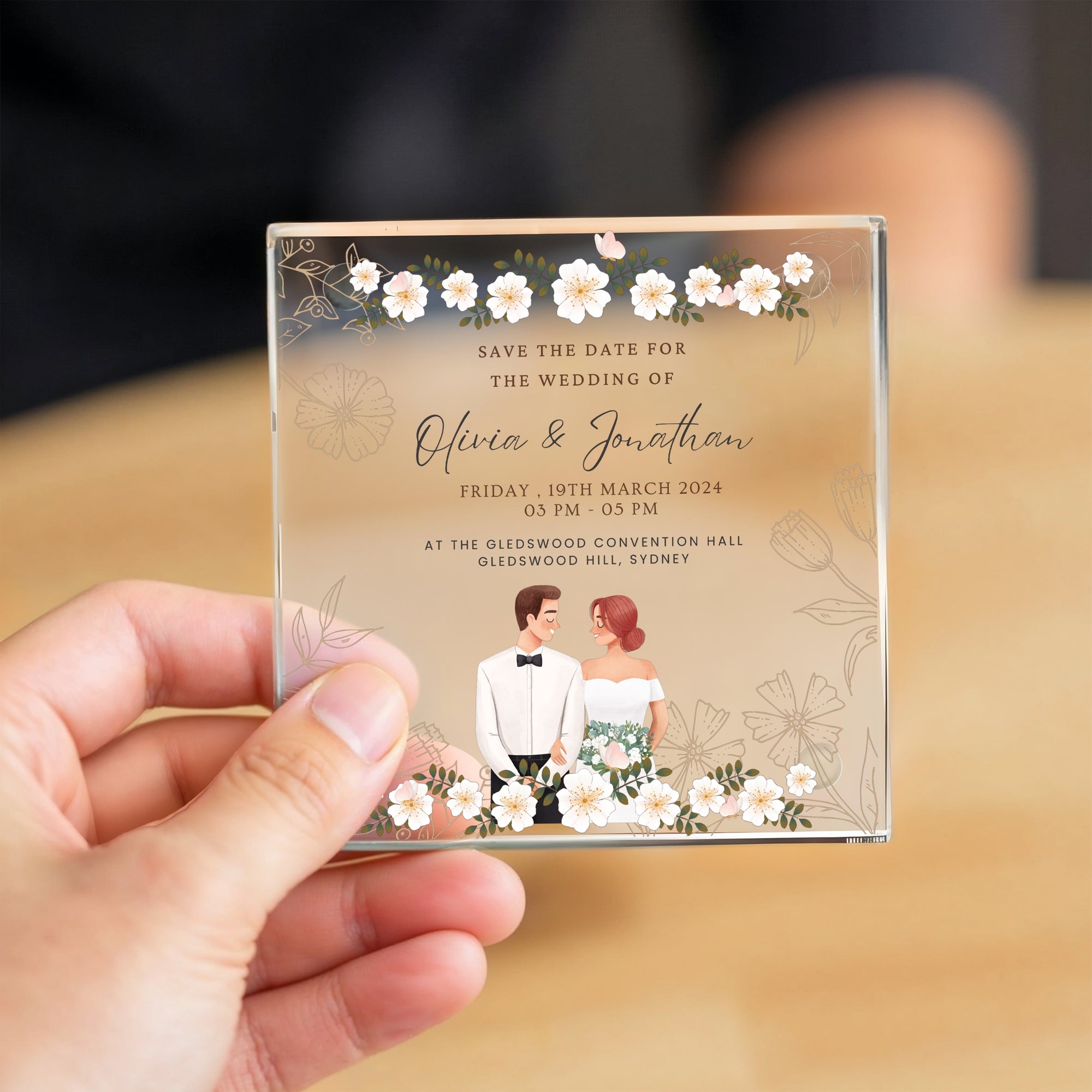 Custom UV Printed Glass Coaster, Personalised Name Date Flower Drink Mat, Wedding Favour Anniversary / Housewarming Birthday/ Corporate Gift