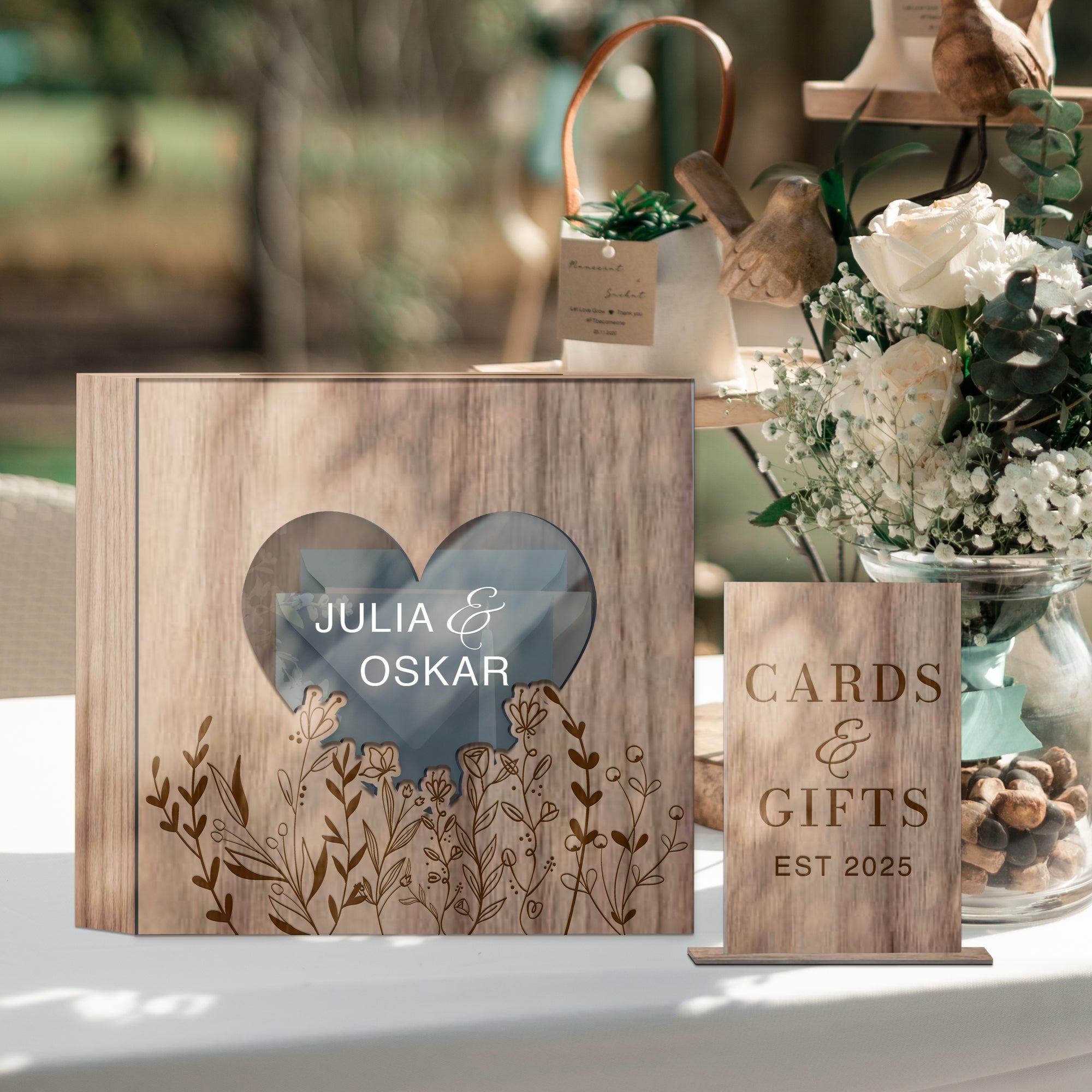 Custom Wooden Acrylic Square Wishing Well Box &amp; Sign, Personalised Name Date Money, Envelope Card Boxes, Rustic Wedding Memory Keepsake Gift