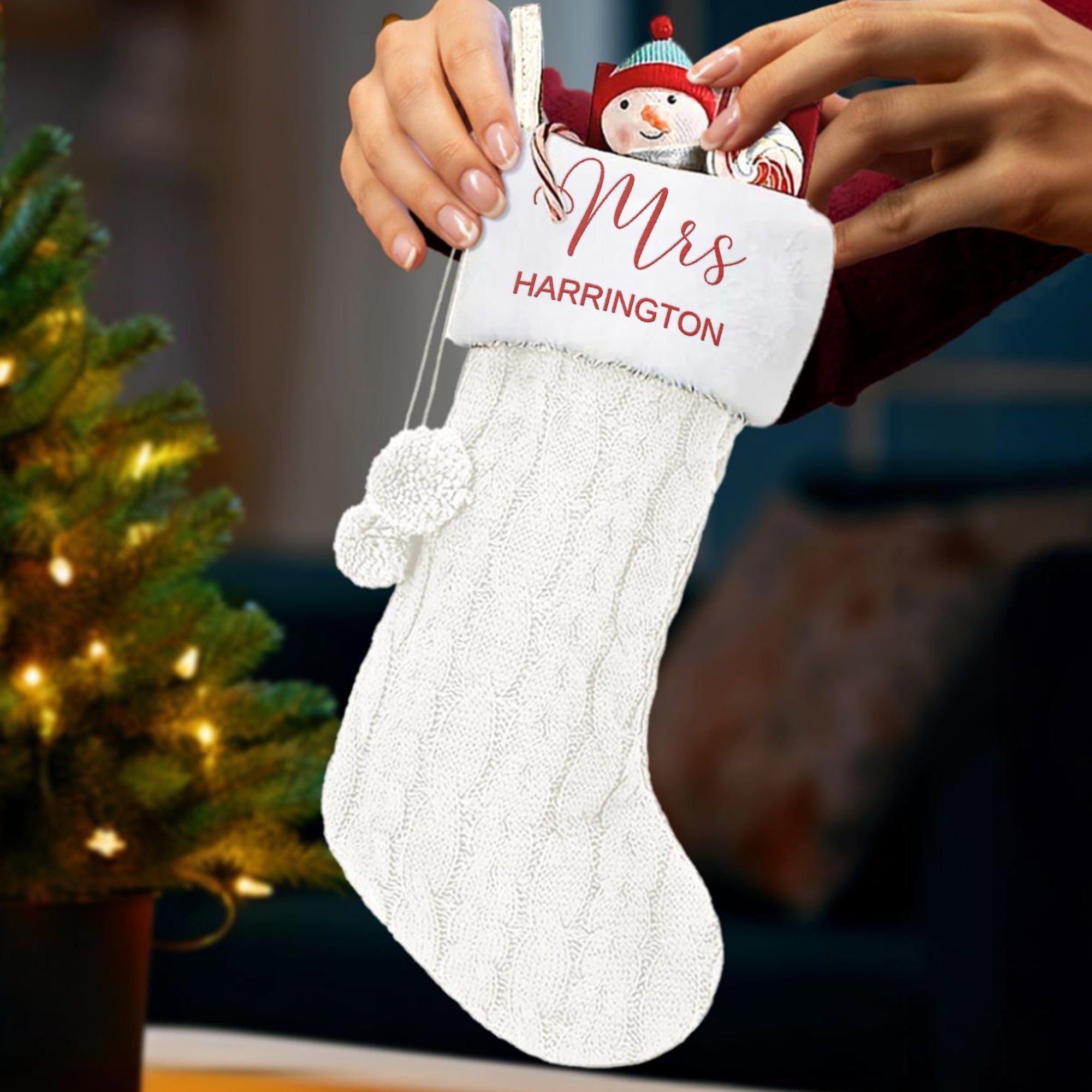 Custom Embroidered Knitted Pom Pom Christmas Stocking, Personalised Merry Xmas Present Sock, Santa Holiday Decor Family Kid Gift Bag Storage