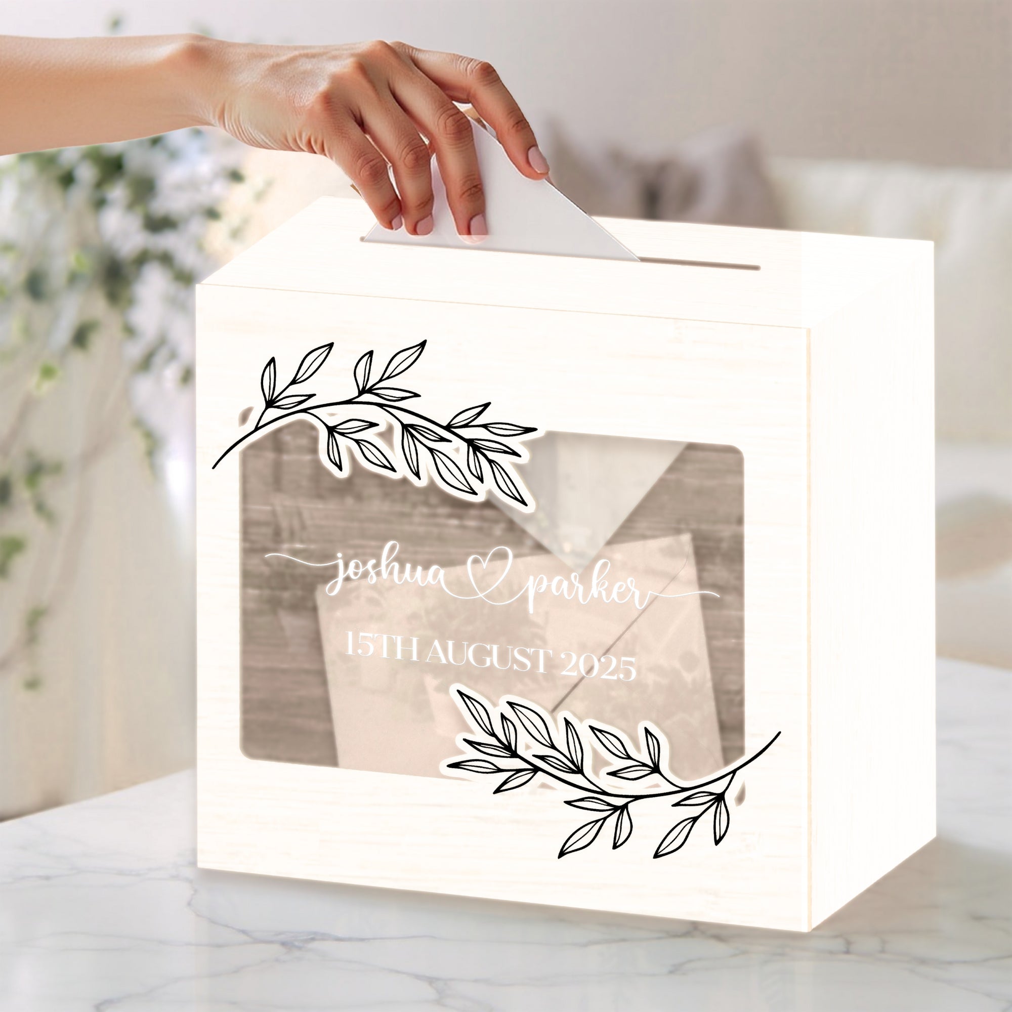 Custom Wooden Acrylic Square Wishing Well Box &amp; Sign, Personalised Name Date Money, Envelope Card Boxes, Rustic Wedding Memory Keepsake Gift
