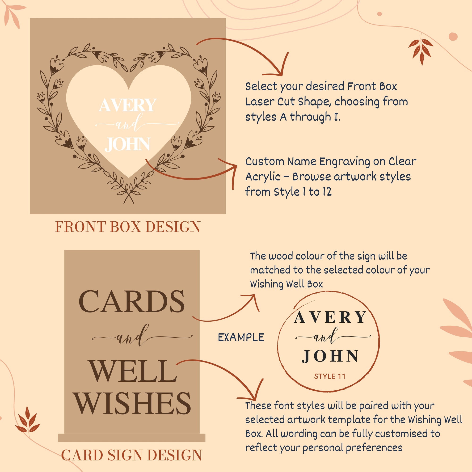 Custom Wooden Acrylic Square Wishing Well Box &amp; Sign, Personalised Name Date Money, Envelope Card Boxes, Rustic Wedding Memory Keepsake Gift