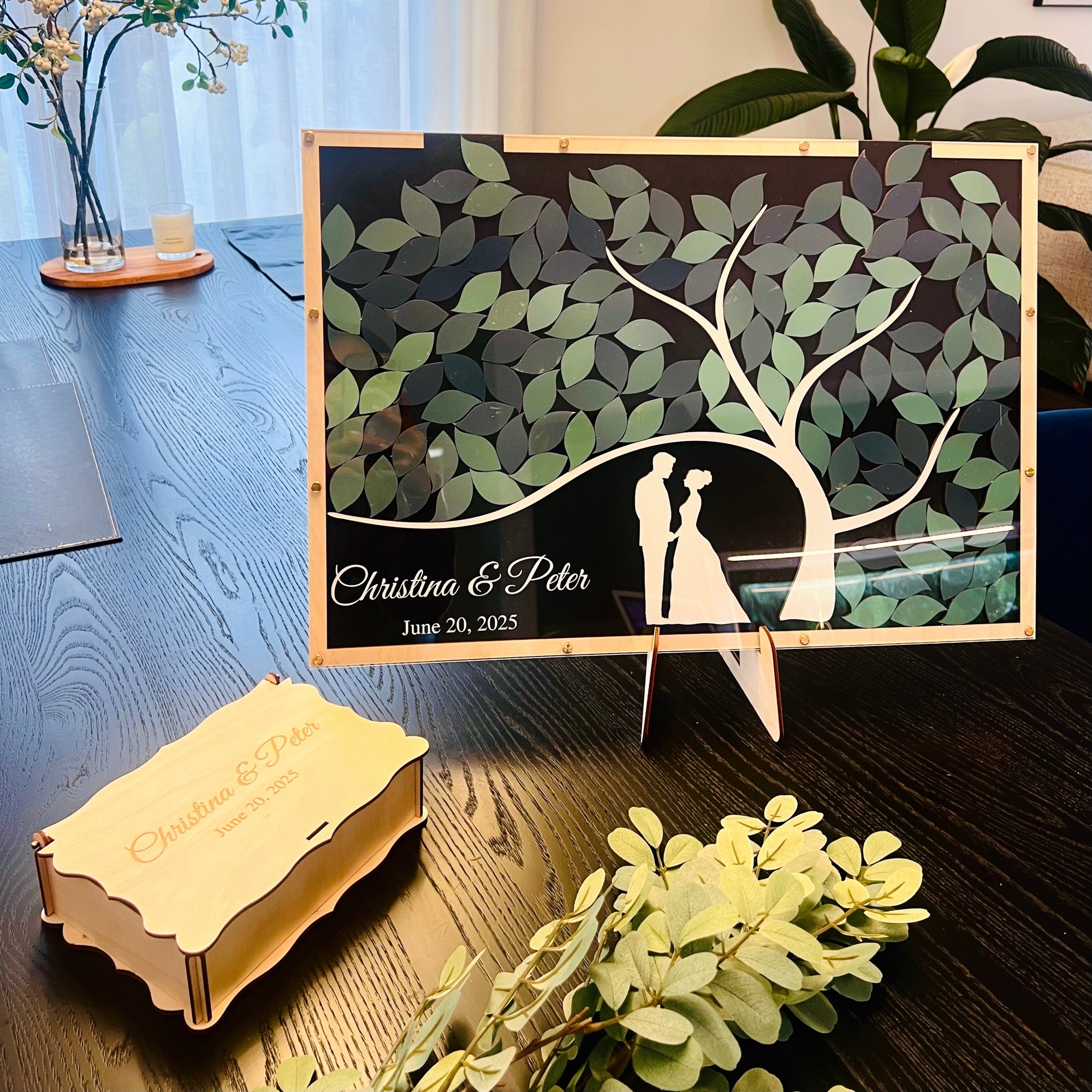 Custom Wood Acrylic Tree of Colour Leaves &amp; Couple Silhouette Wedding Drop Box, Personalised Guest Book Alternative, Same Sex Marriage Decor