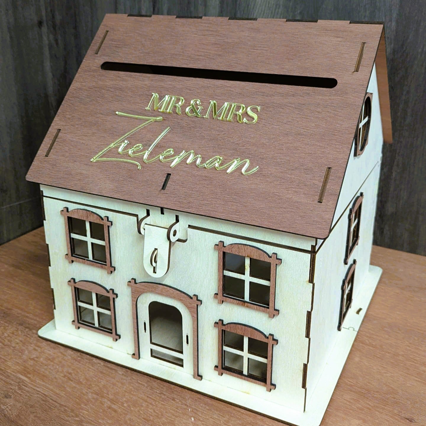 Custom Wooden House Wedding Post Box &amp; 3D Acrylic Text, Personalised Rustic Wishing Well Holder, Money Storage, Envelope Card Trinket, Gift